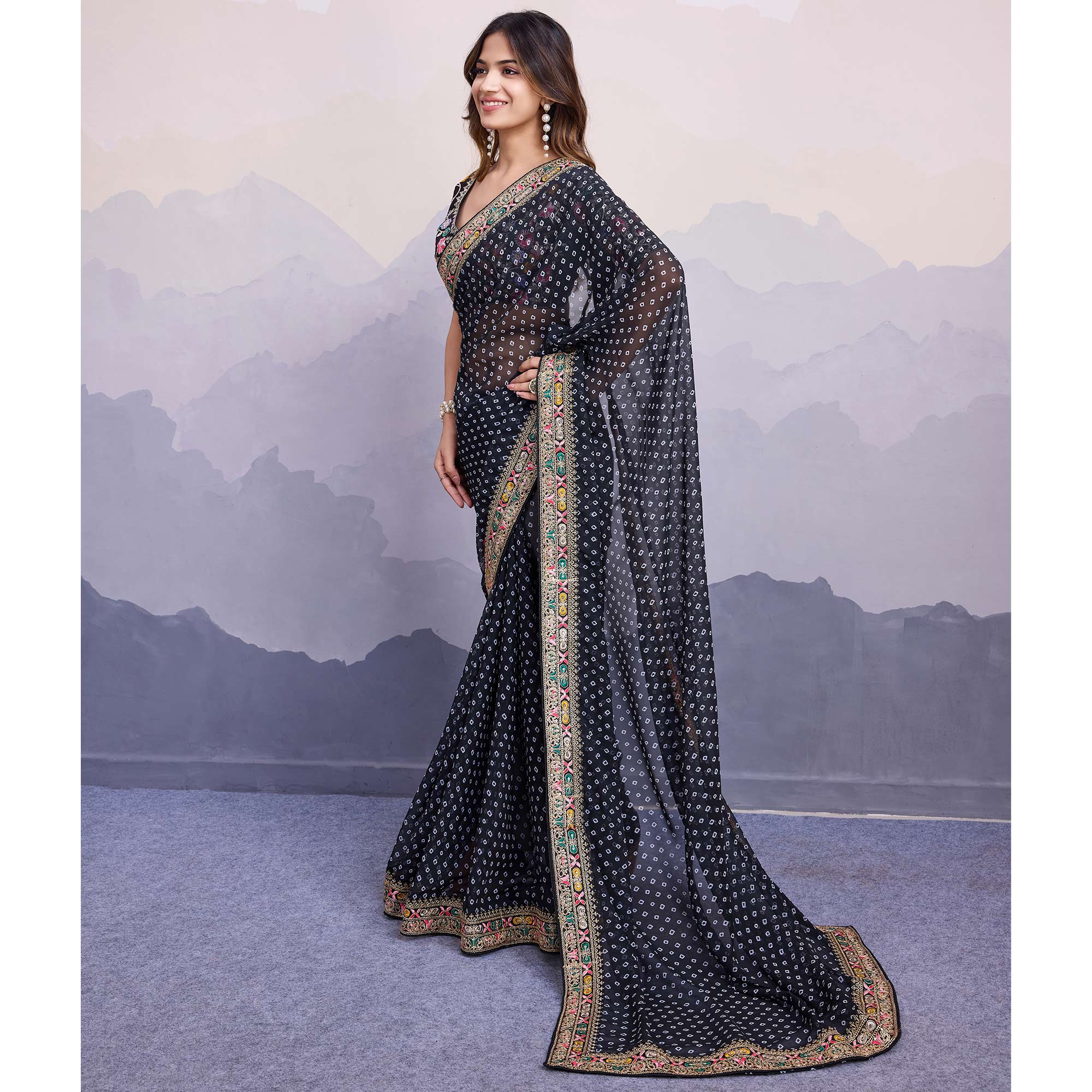 Black Bandhani Printed Georgette Saree With Embroidered Lace Border