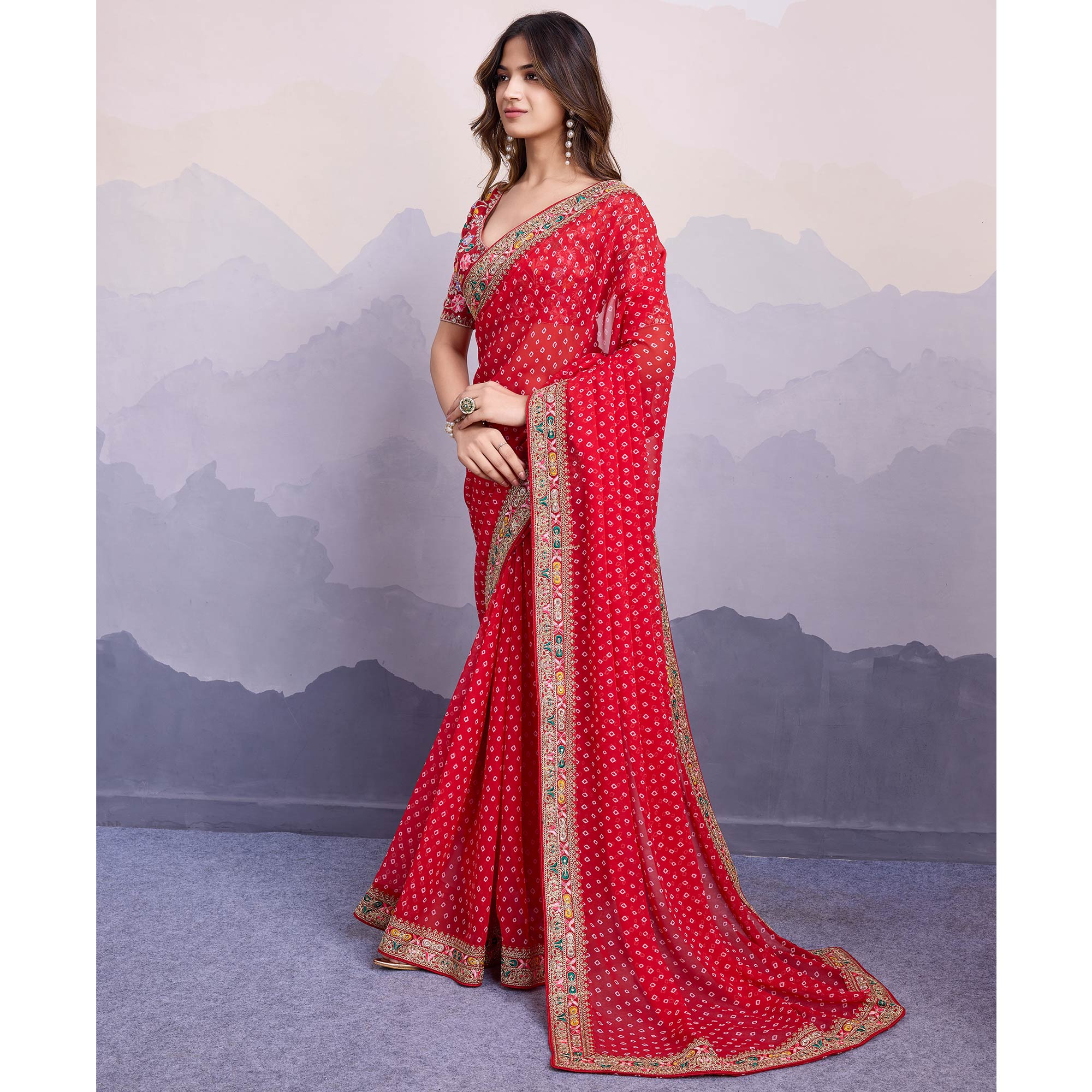 Red Bandhani Printed Georgette Saree With Embroidered Lace Border