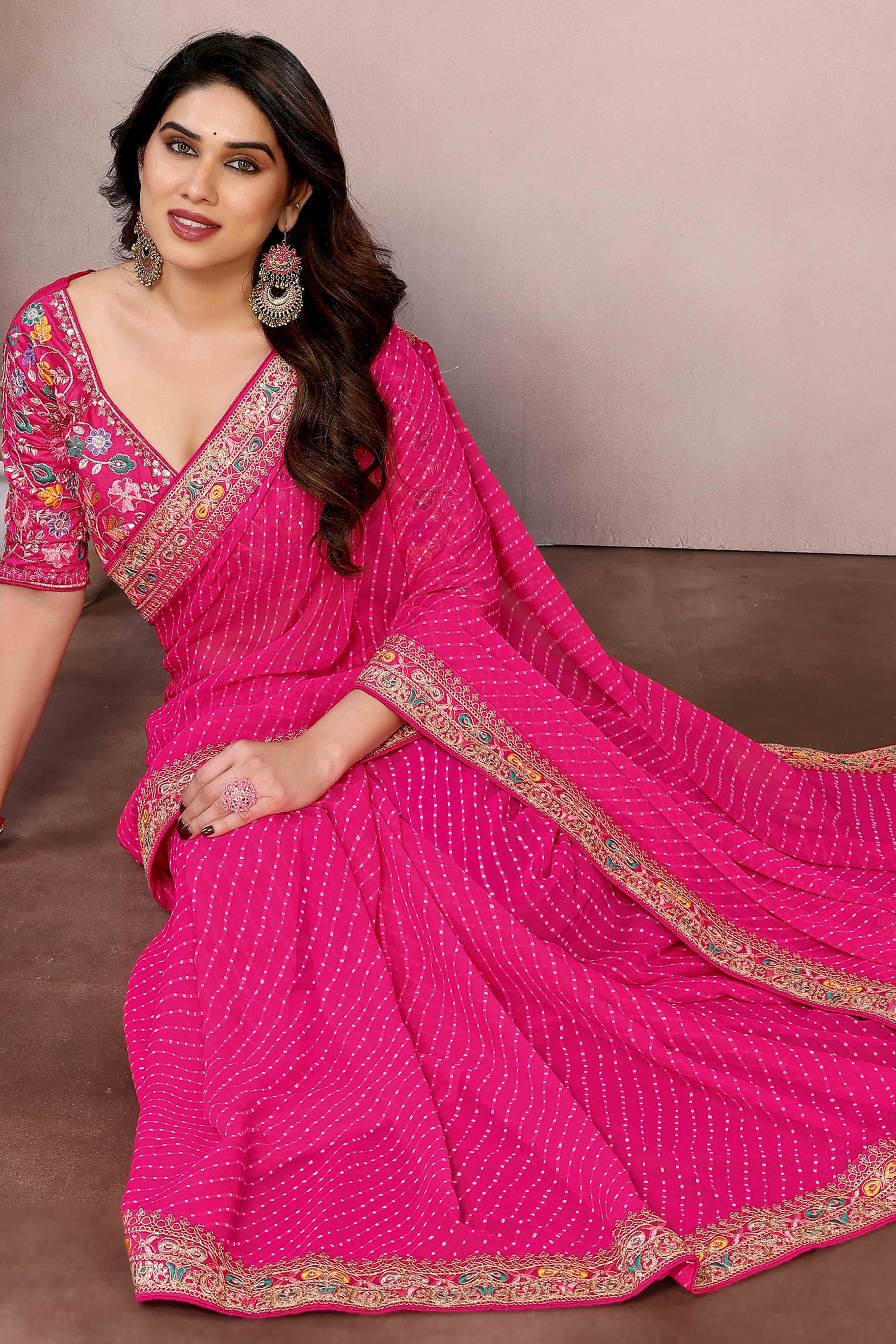 Pink Striped Printed Georgette Saree With Glittering Sequin Cording Embroidered Border