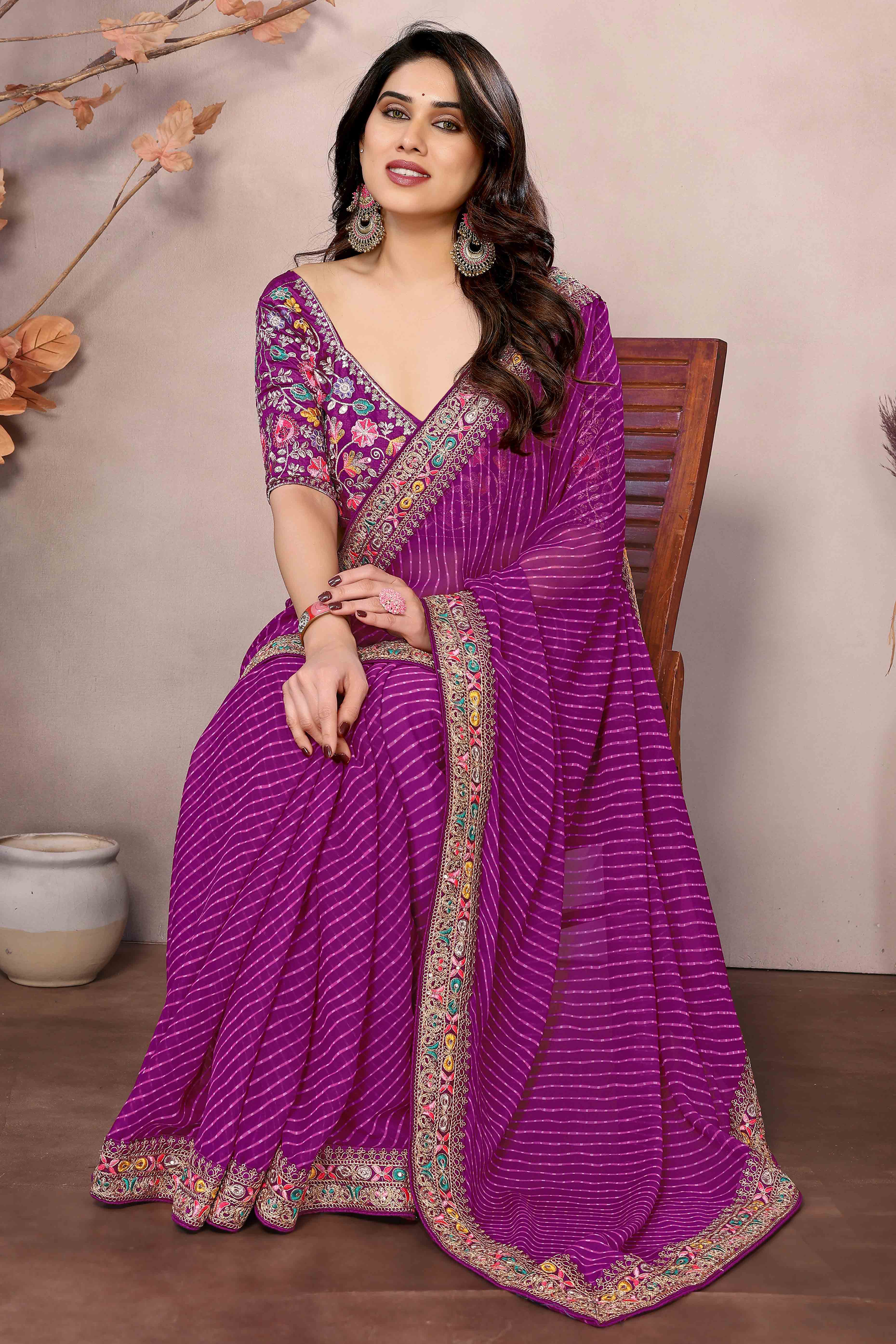 Purple Striped Printed Georgette Saree With Glittering Sequin Cording Embroidered Border