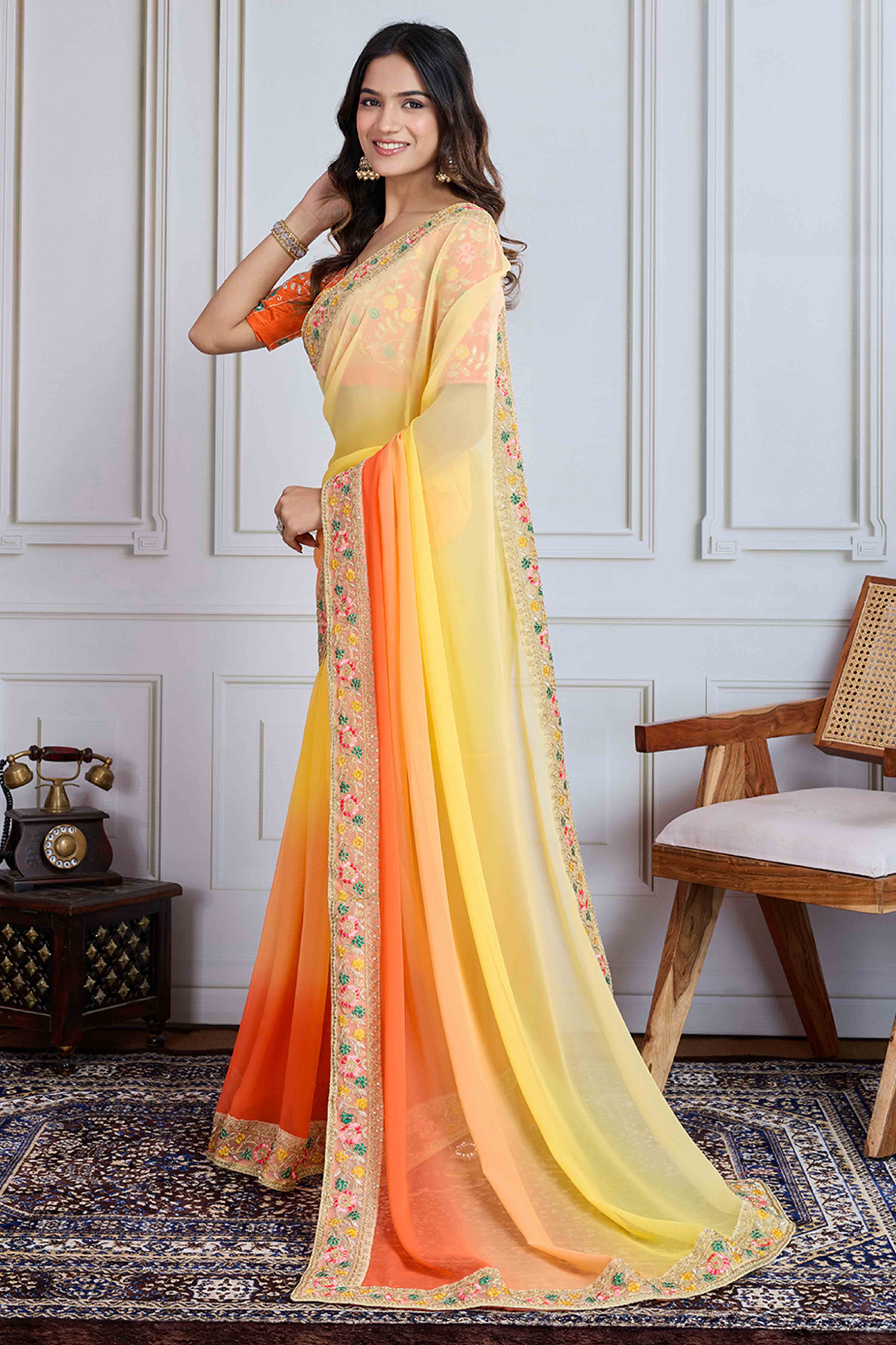 Yellow To Orange Georgette Ombre Saree With Intricate Floral Cording Embroidery & Sequin Detailing