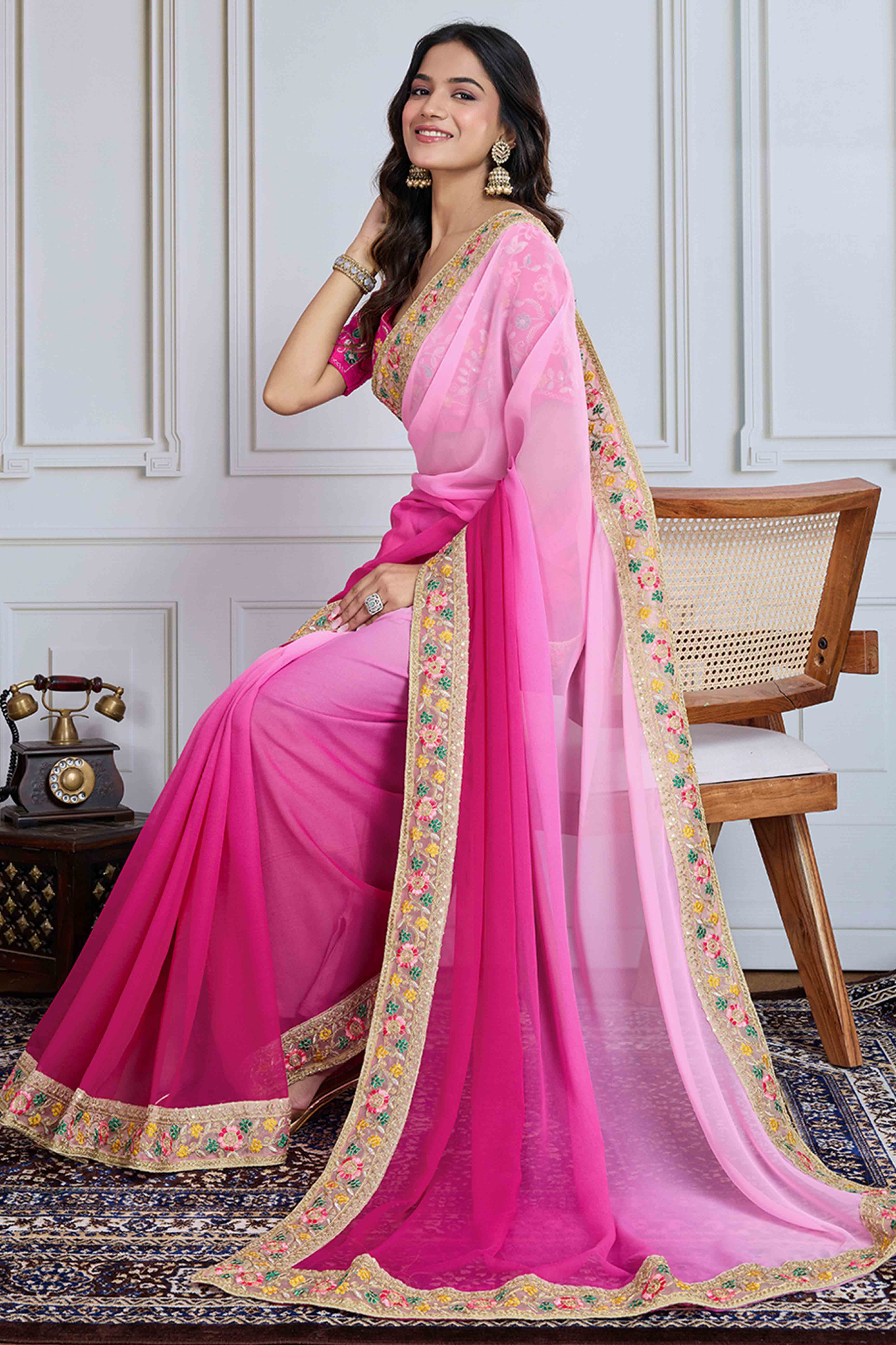 Pink To Magenta Georgette Ombre Saree With Intricate Floral Cording Embroidery & Sequin Detailing