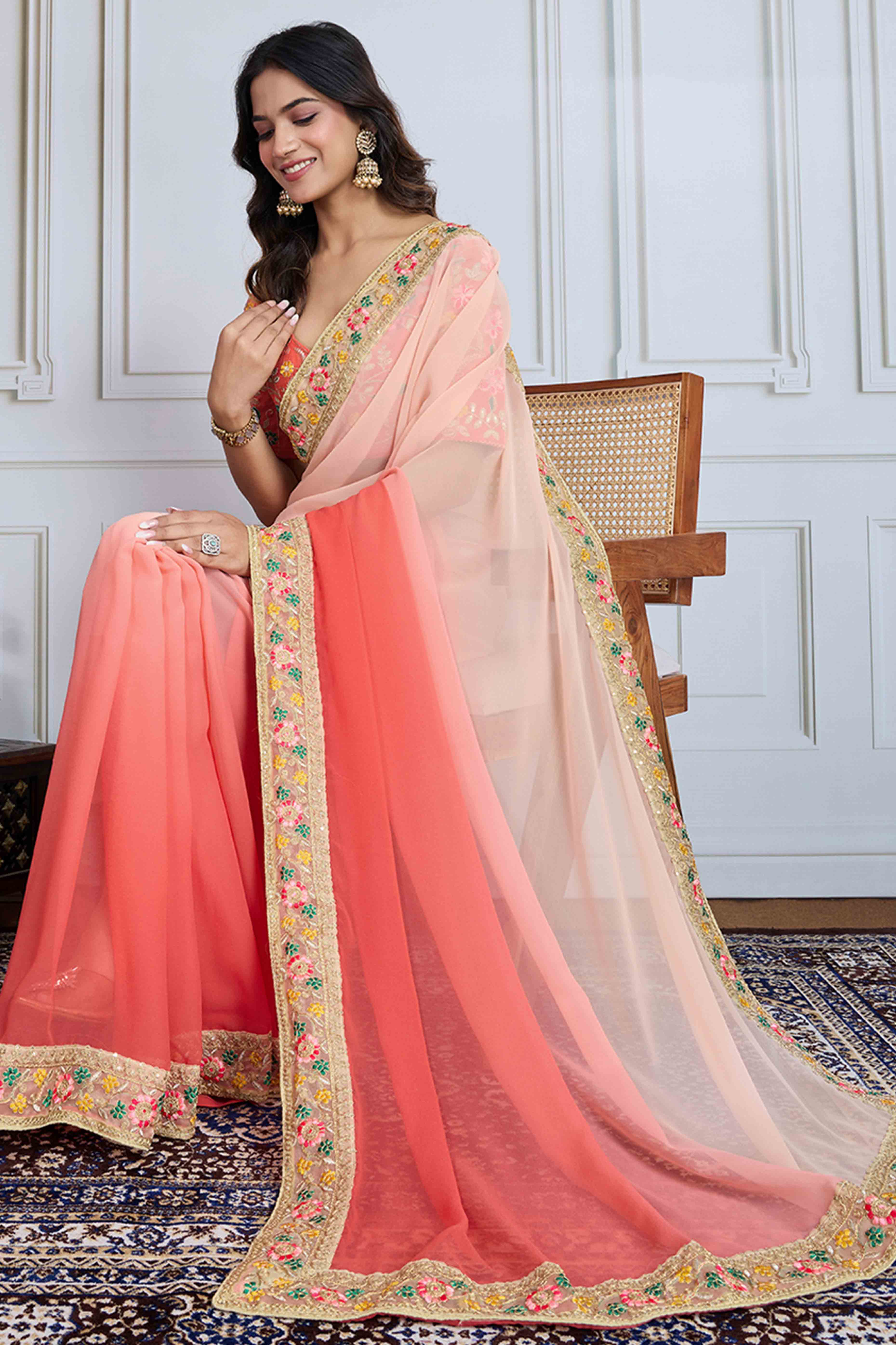Peach To Coral Pink Georgette Ombre Saree With Intricate Floral Cording Embroidery & Sequin Detailing