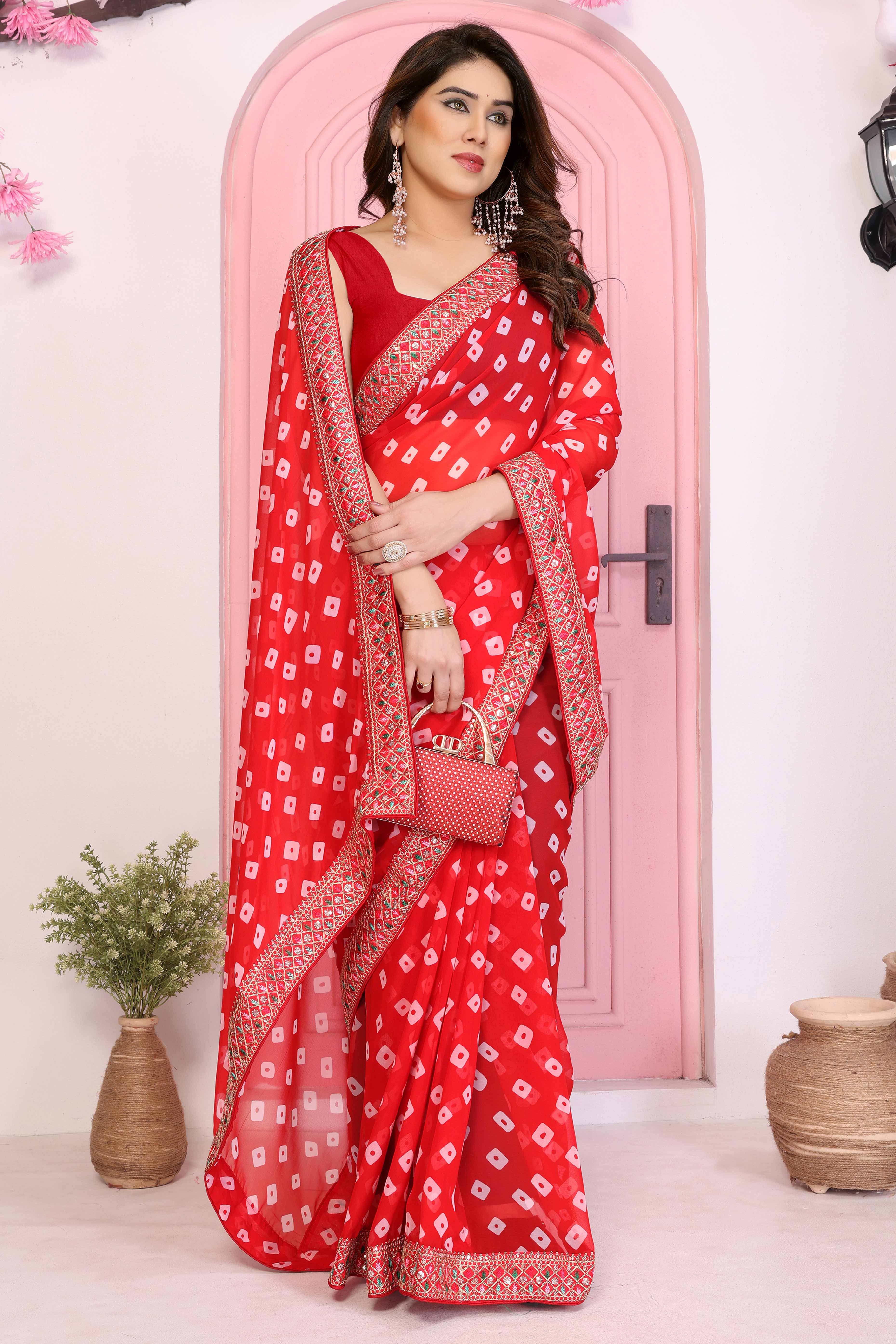Red Georgette Saree With Bandhani Print & Exquisite Cording Embroidery Border