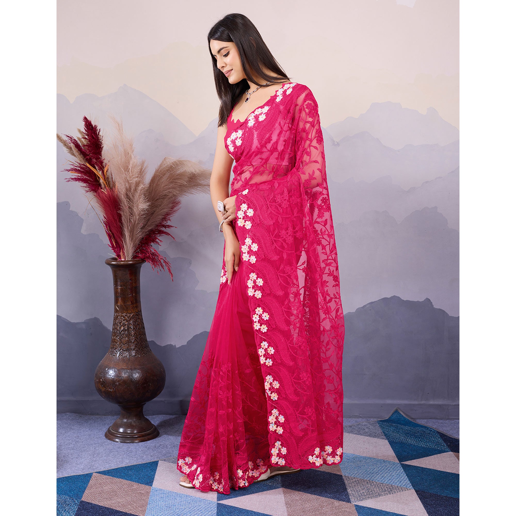 Pink Floral Thread Embroidered Net Saree
