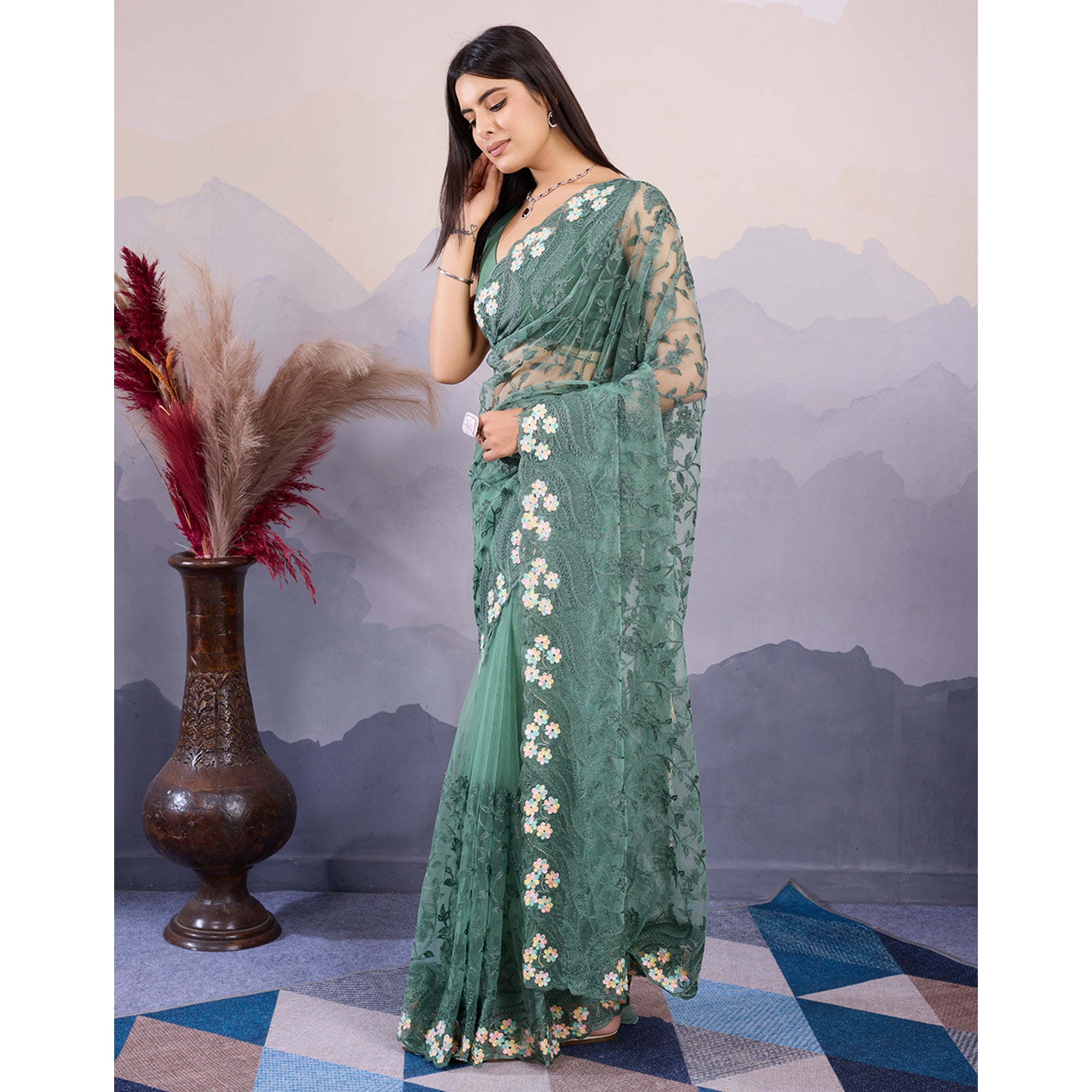 Green Floral Thread Embroidered Net Saree