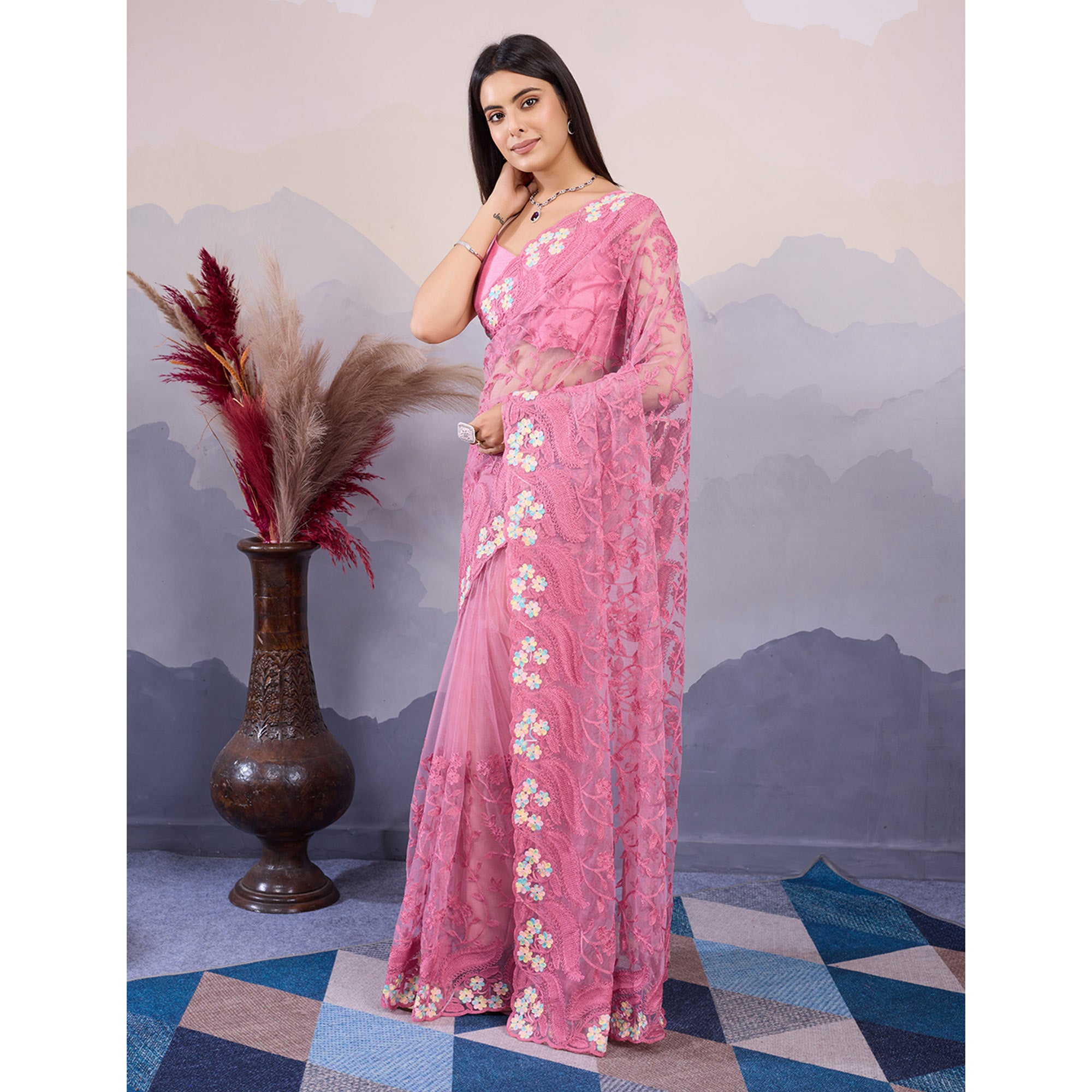 Baby Pink Floral Embroidered Net Saree
