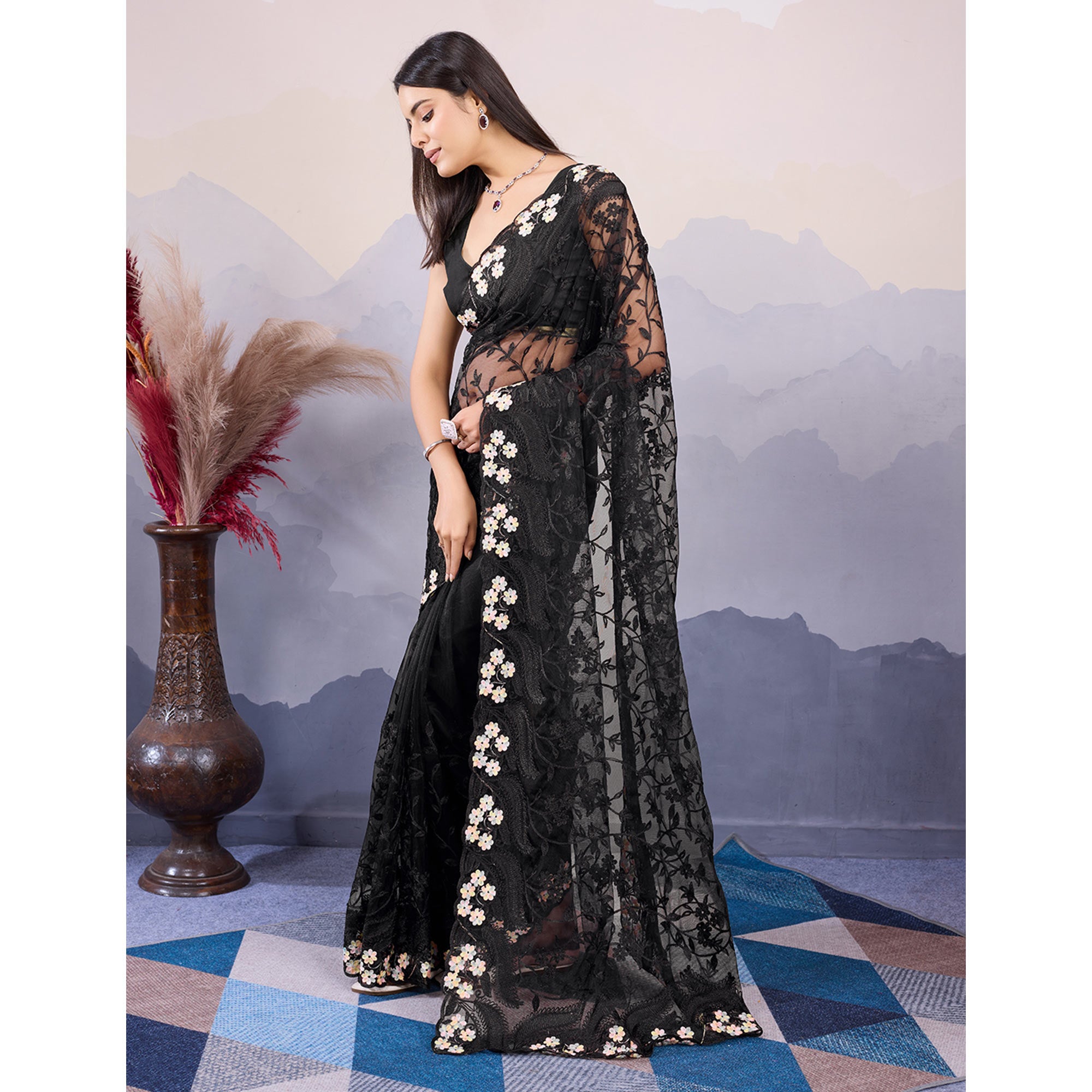 Black Floral Thread Embroidered Net Saree