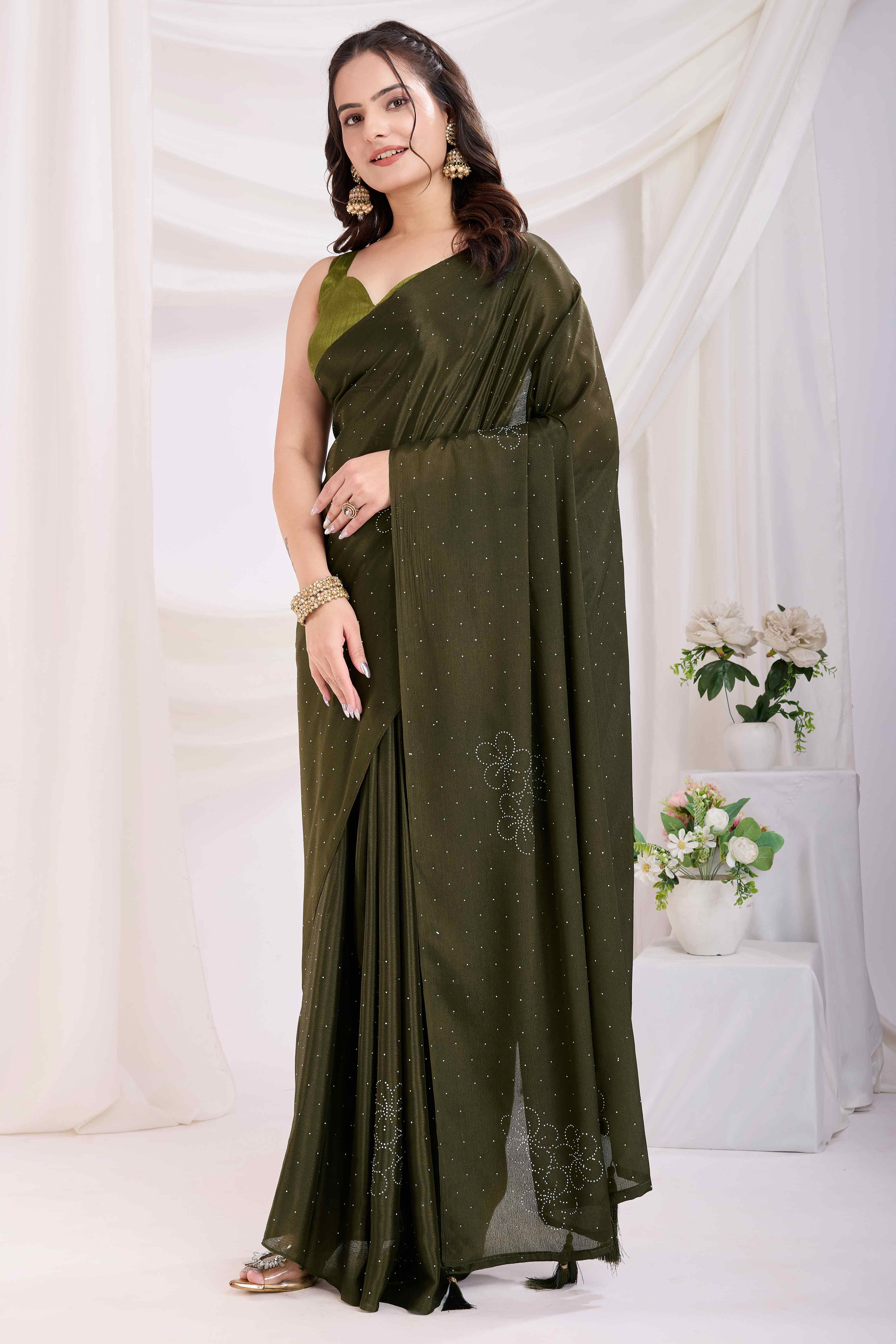 Mehendi Green Floral Swarovski Work Rangoli Art Silk Ready To Wear Saree