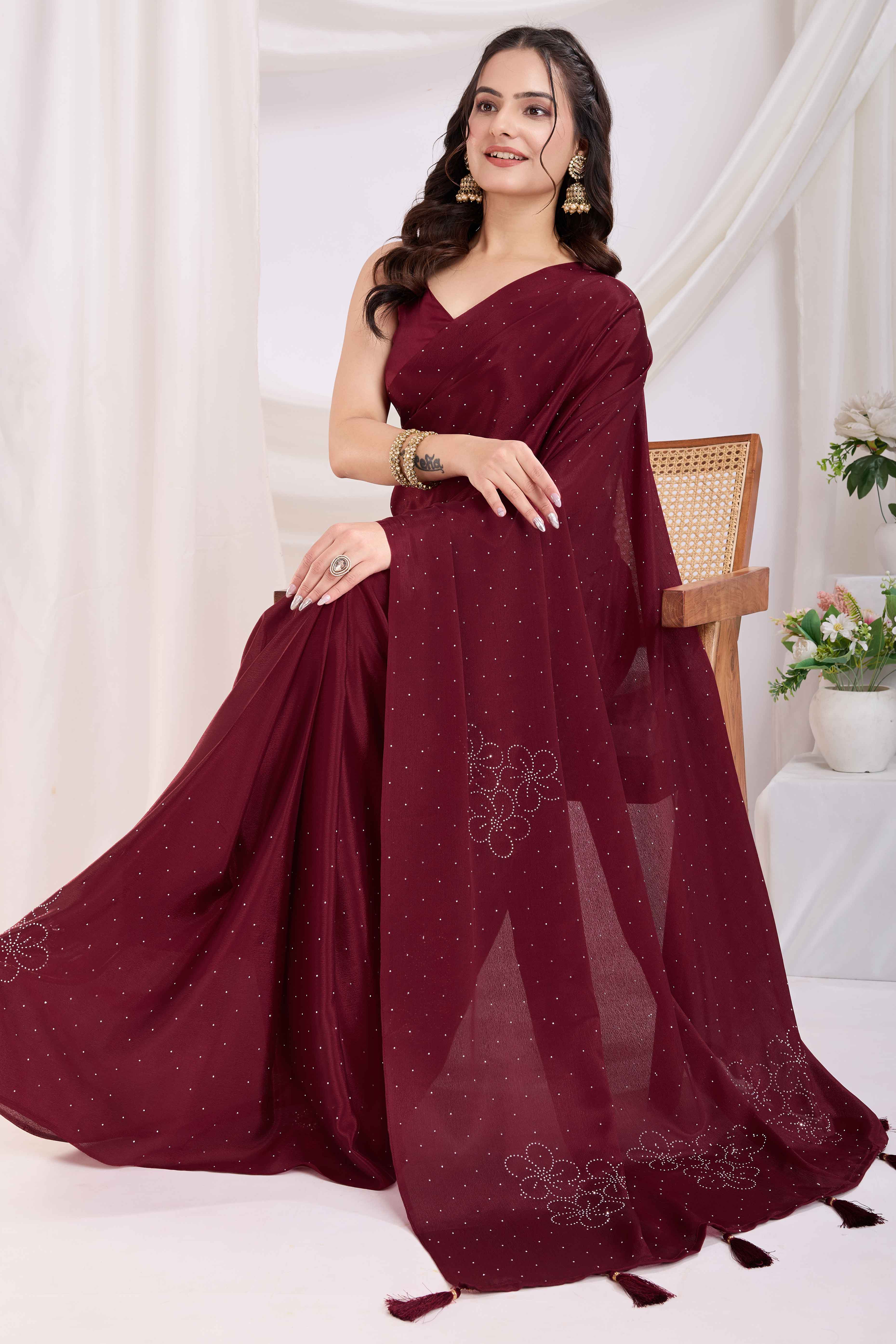 Maroon Floral Swarovski Work Rangoli Art Silk Ready To Wear Saree