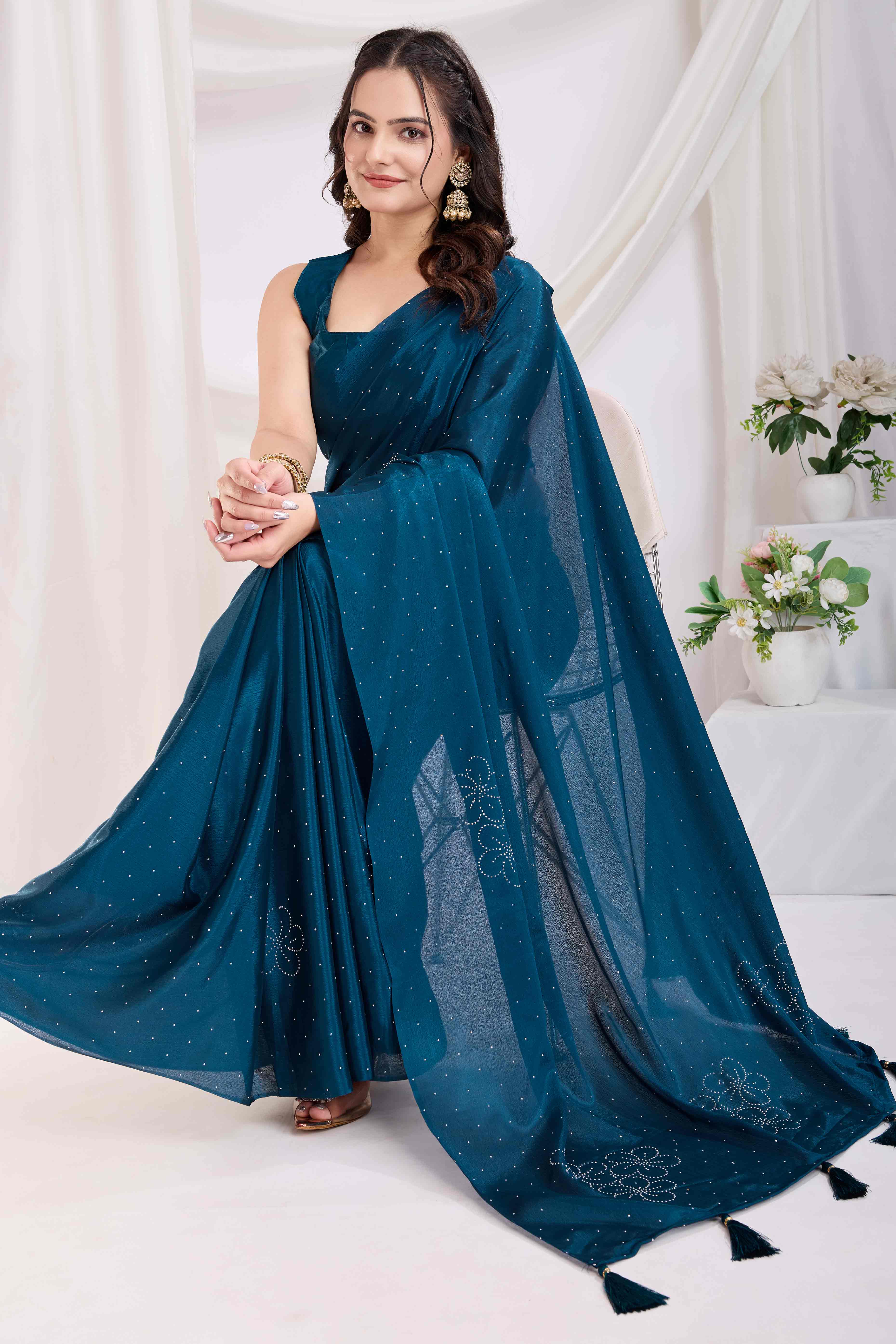 Blue Floral Swarovski Work Rangoli Art Silk Ready To Wear Saree