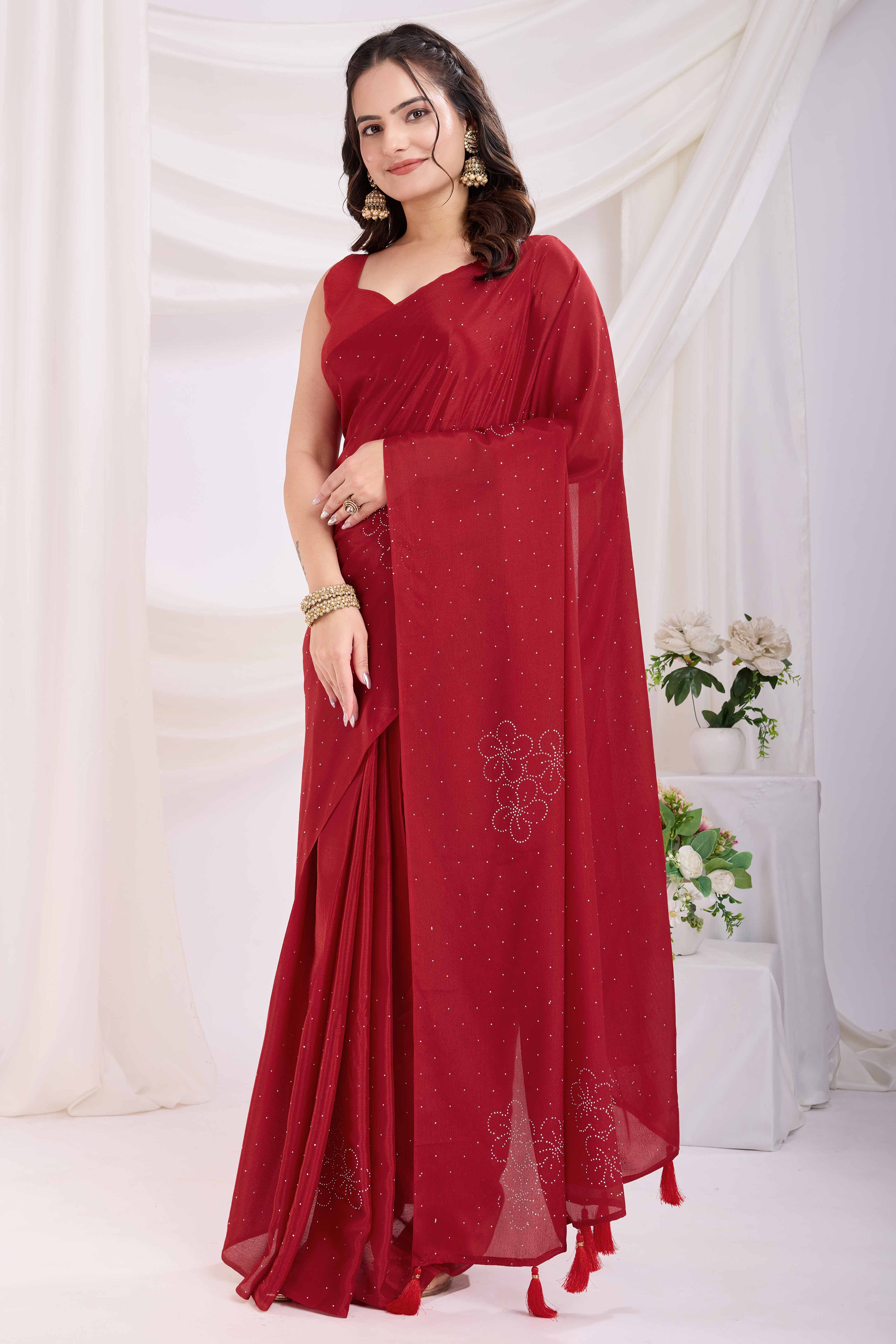 Red Floral Swarovski Work Rangoli Art Silk Ready To Wear Saree