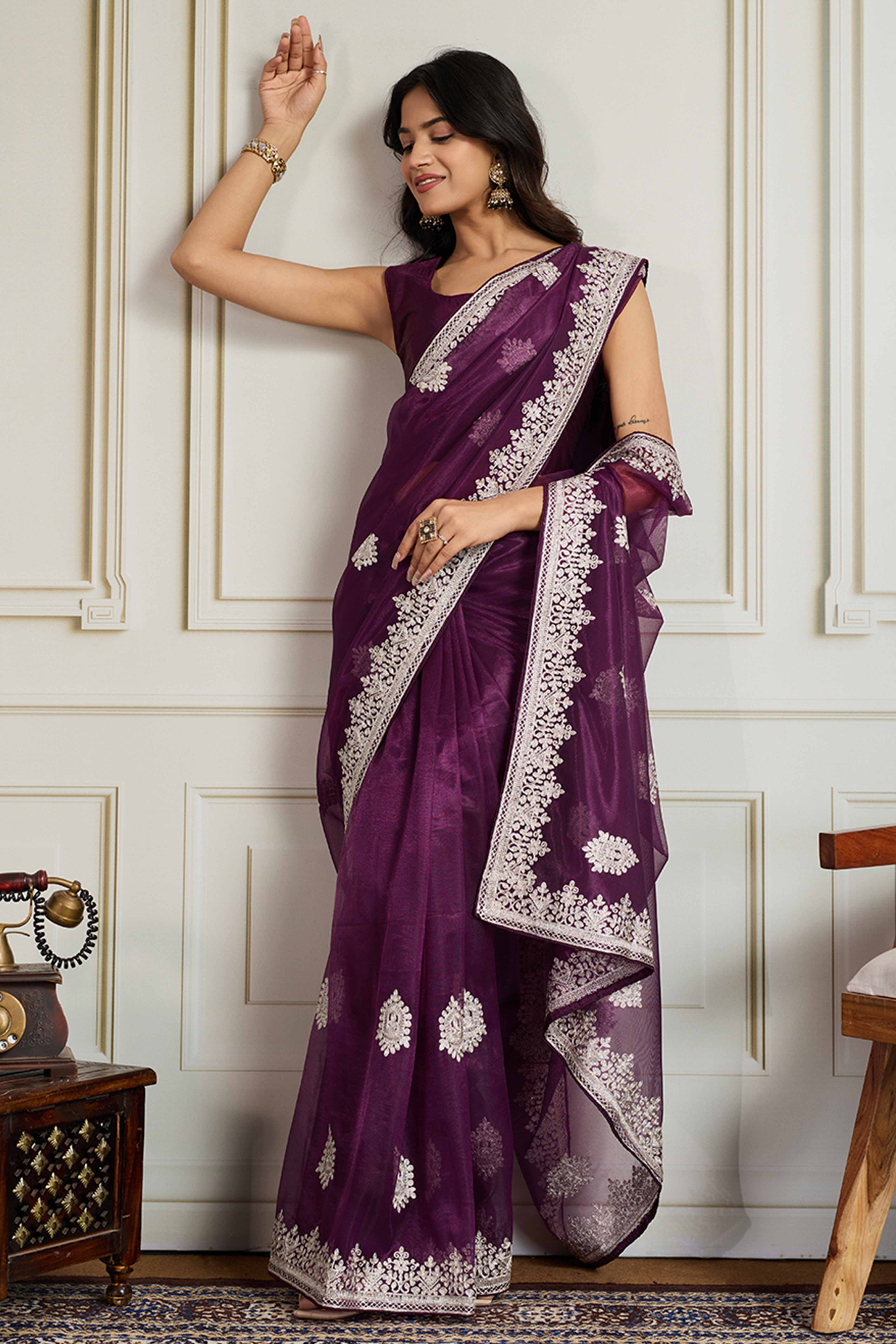 Stylish Purple Twill Net Saree Crafted With Floral Cording & Sequins Embroidery Work