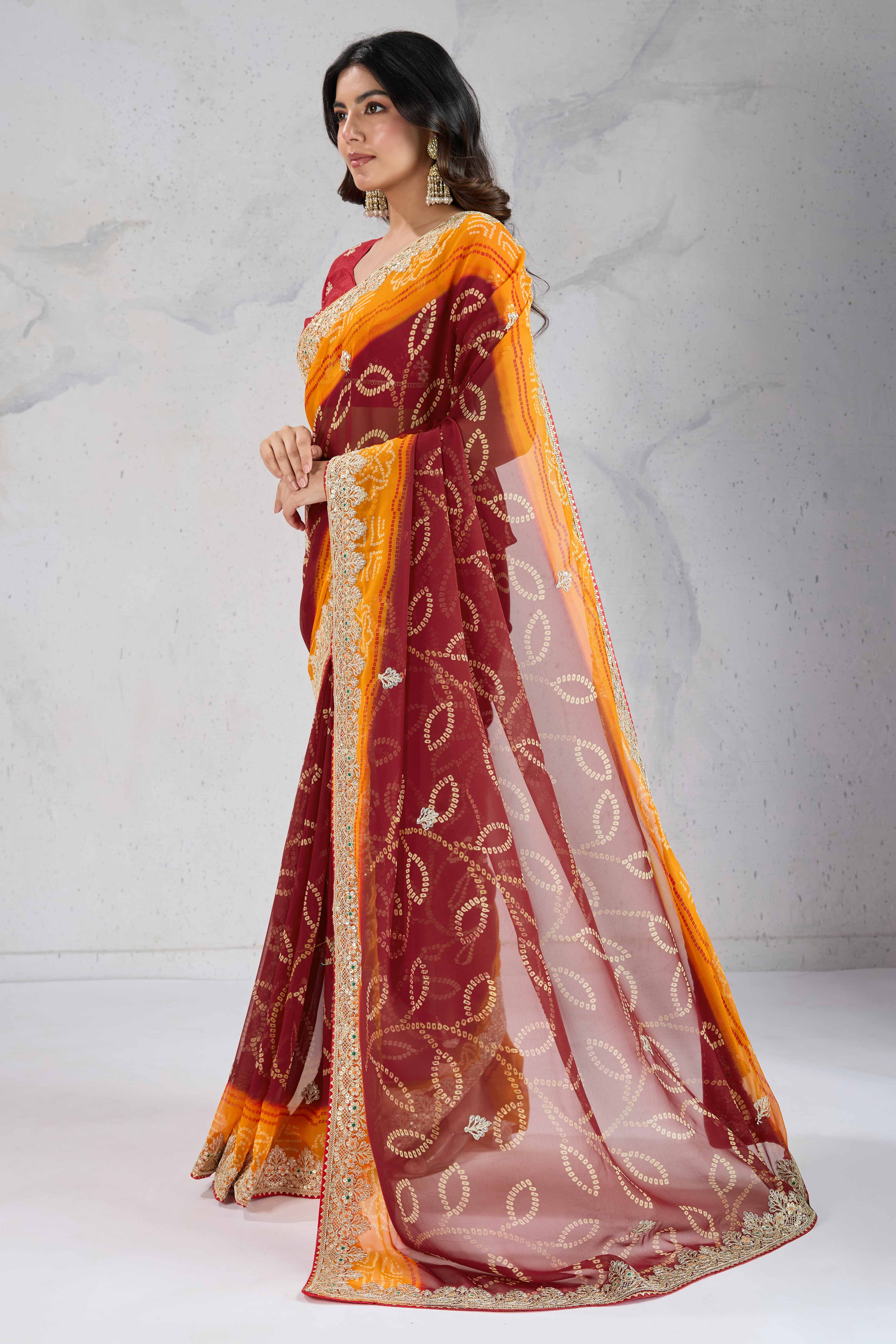 Traditional Bandhani Maroon Georgette Saree with Fine Embroidery