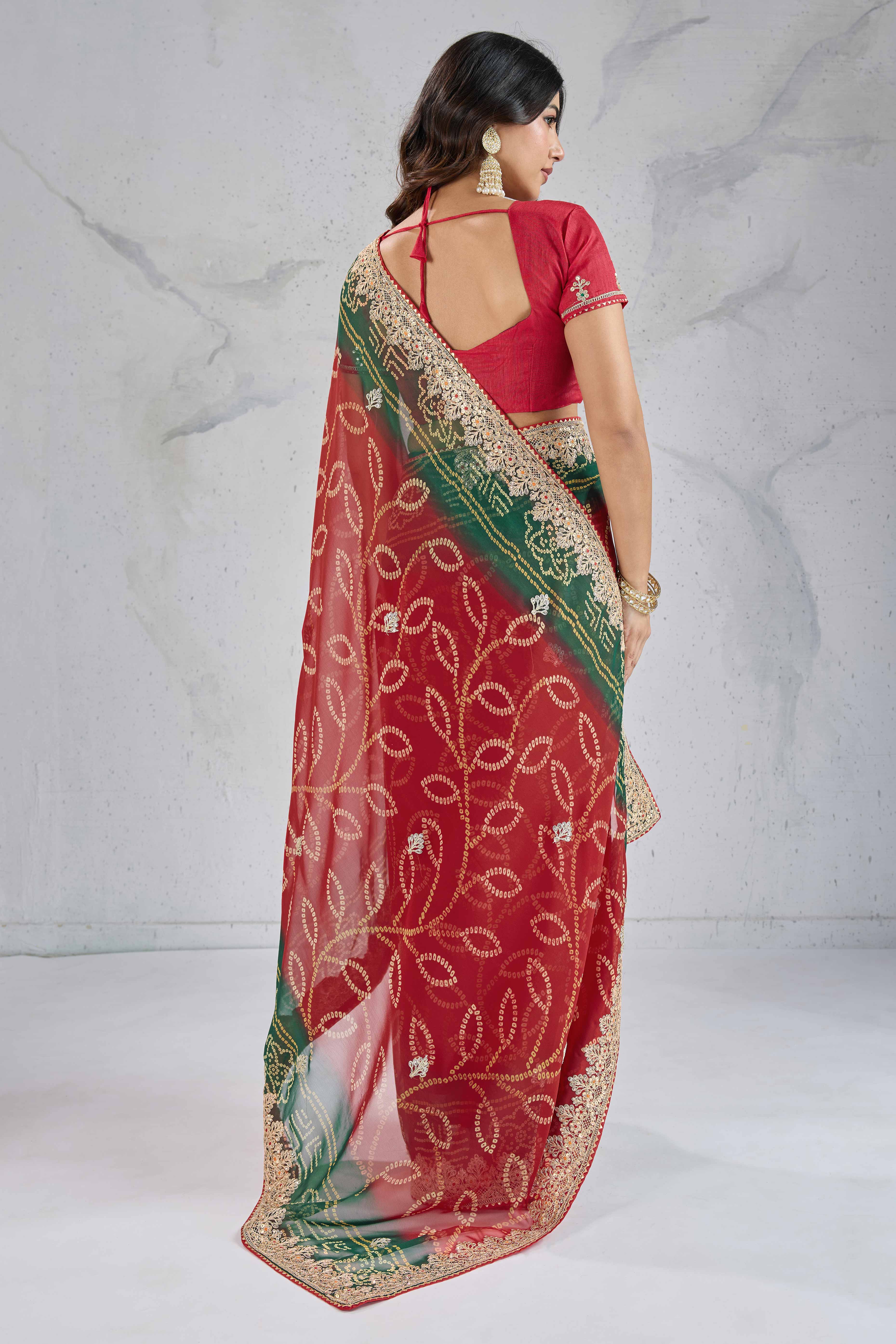 Traditional Bandhani Red Georgette Saree with Fine Embroidery