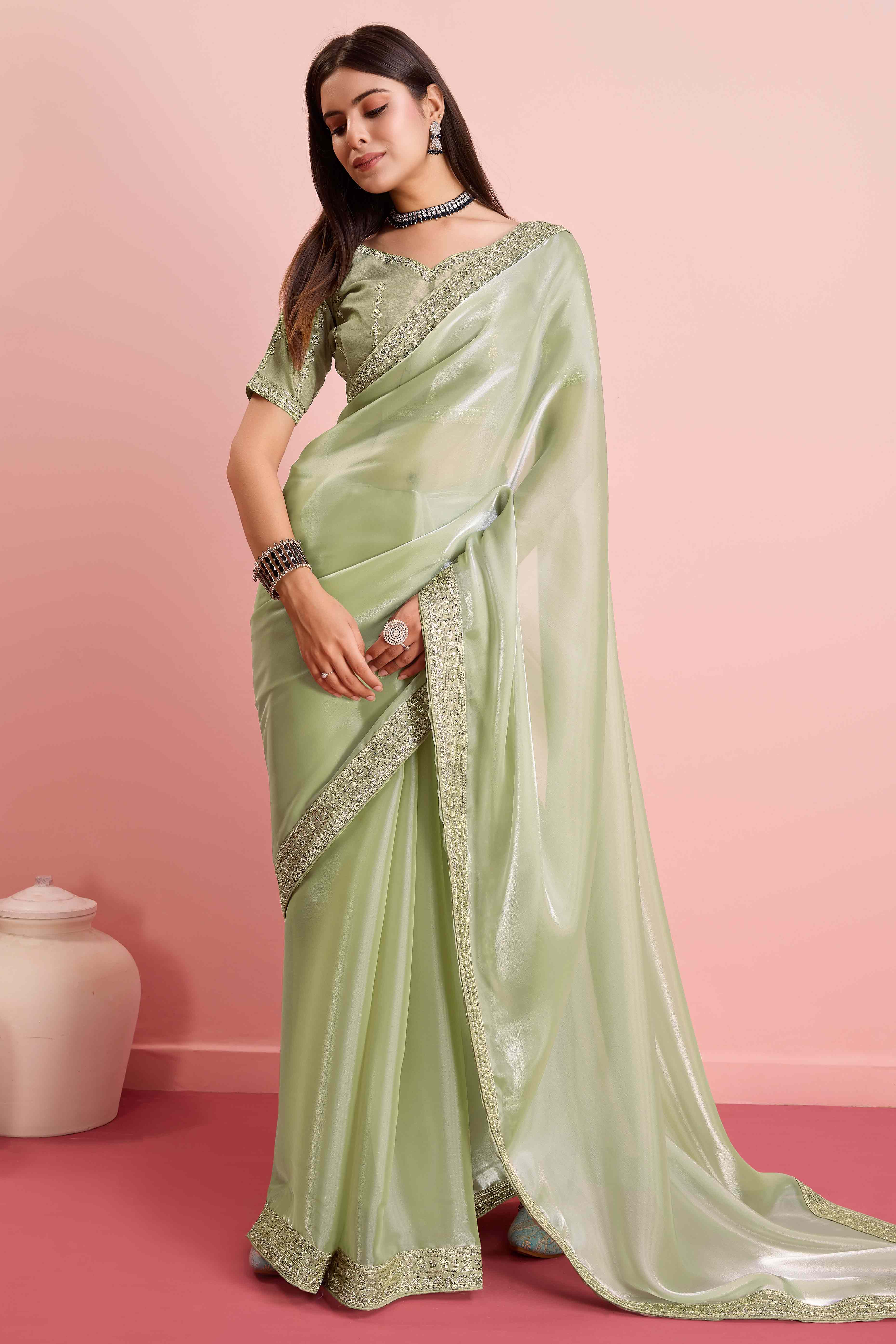 Green Solid With Floral Sequins Embroidered Jimmy Choo Tissue Saree