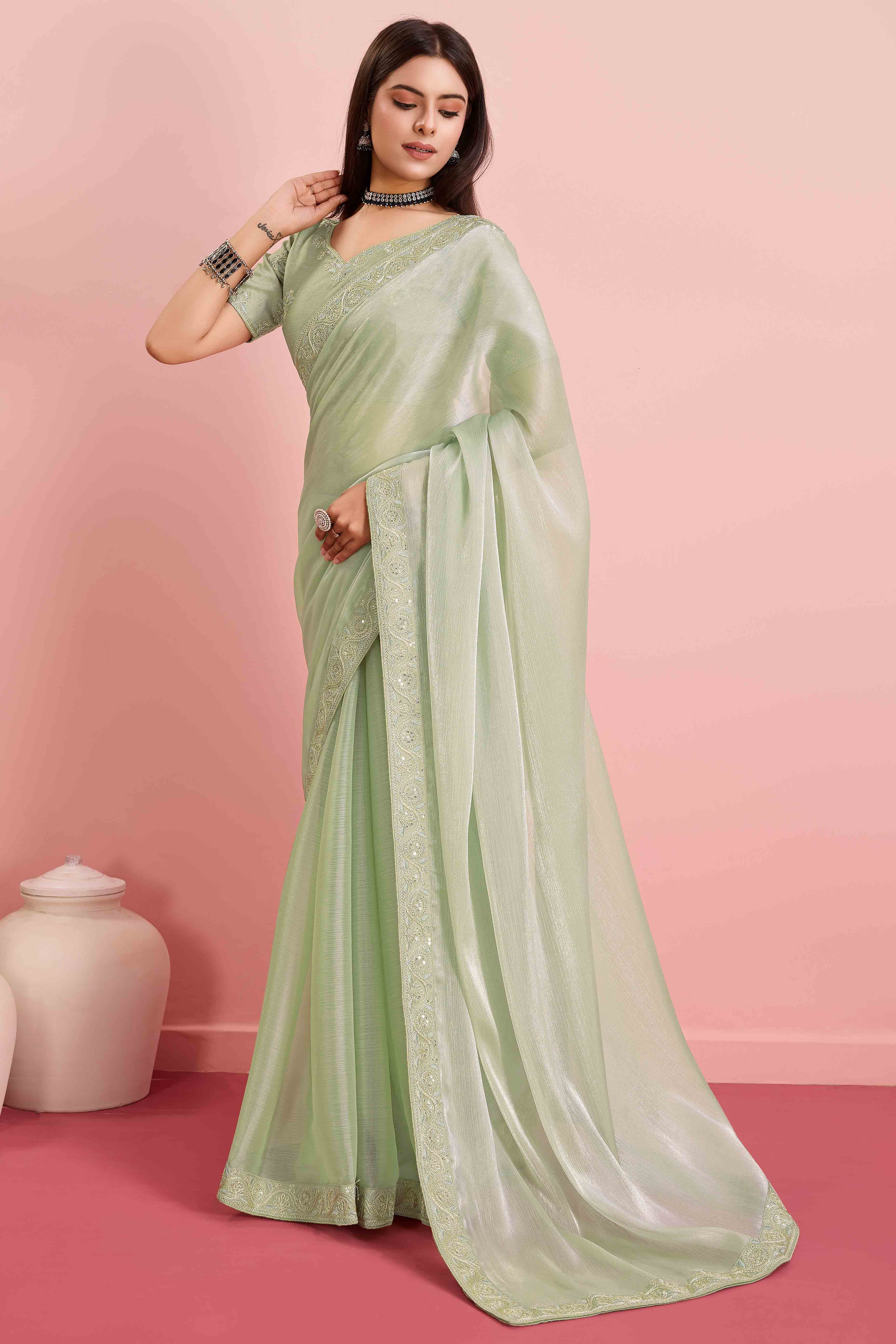 Green Solid With Sequins Embroidery Border Mulberry Silk Saree