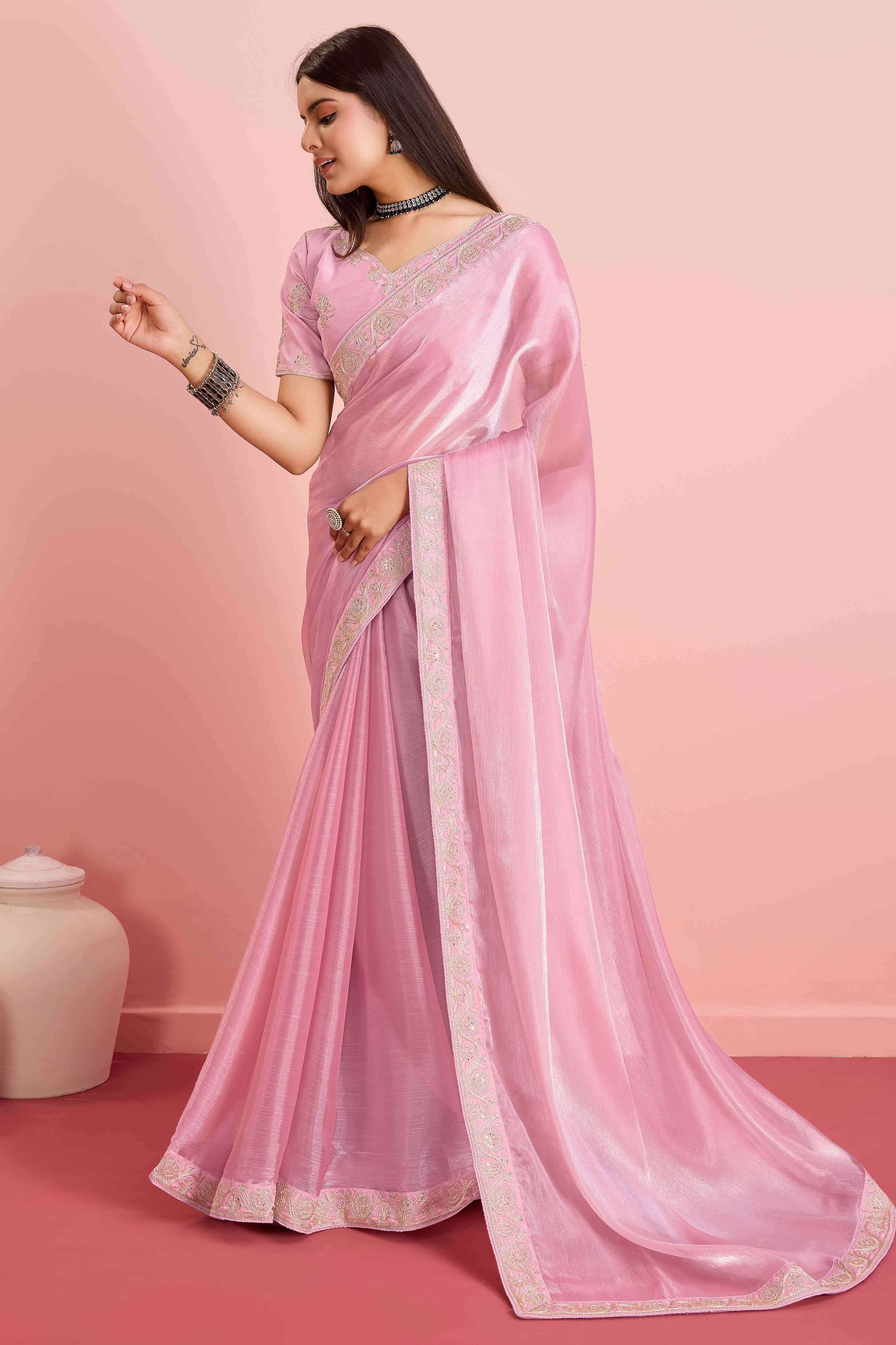 Pink Solid With Sequins Embroidery Border Mulberry Silk Saree
