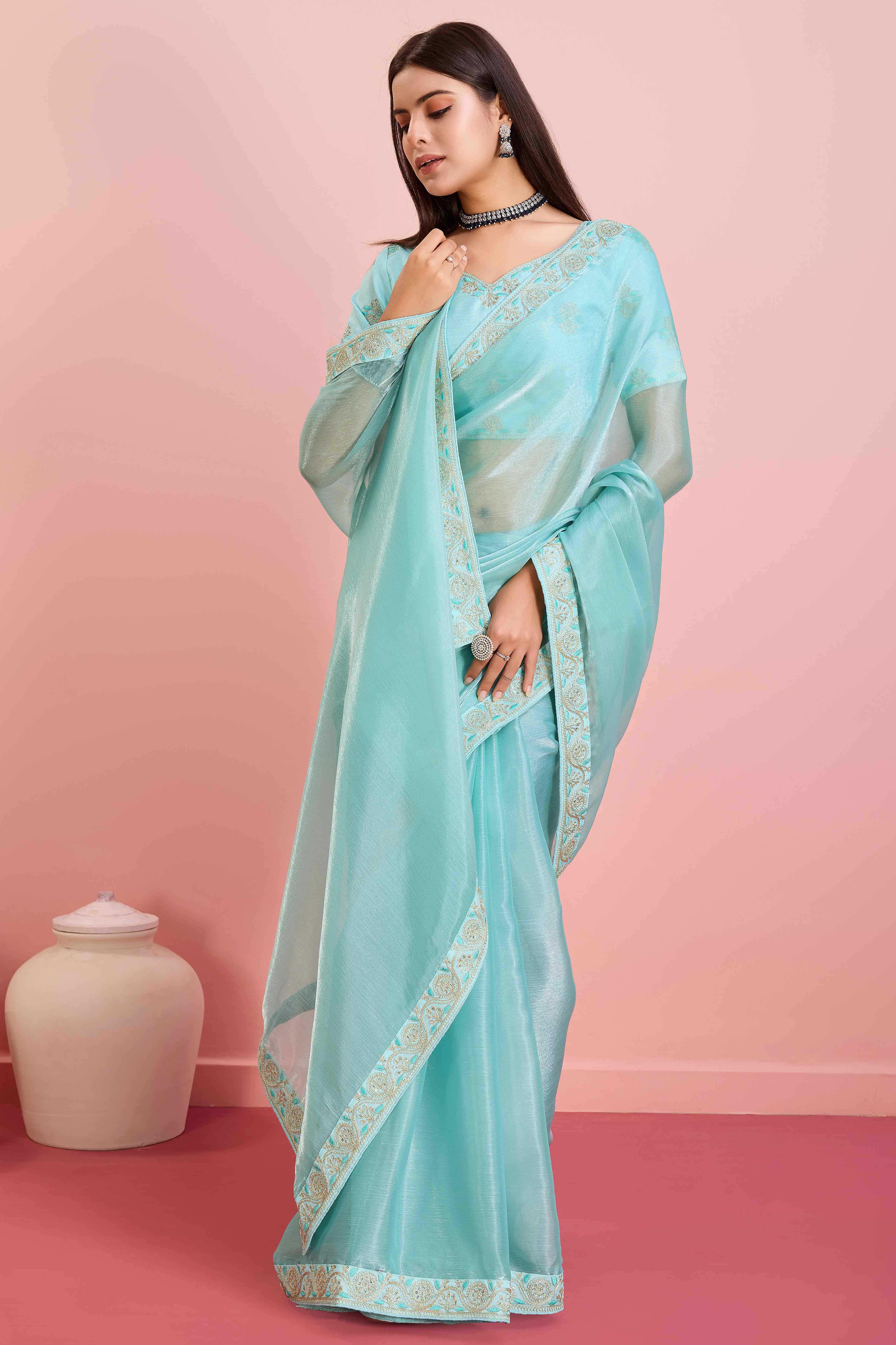 Blue Solid With Sequins Embroidery Border Mulberry Silk Saree