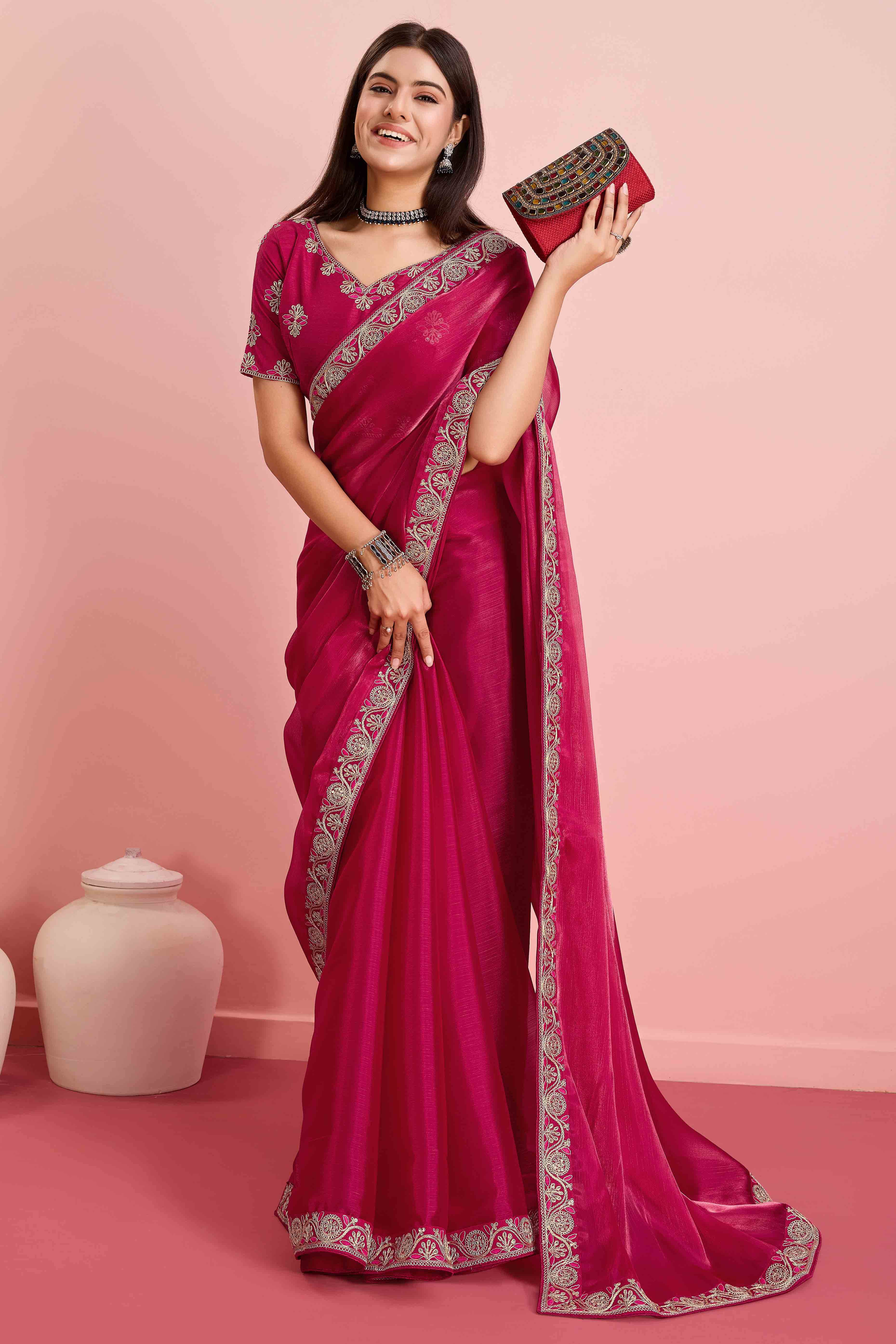 Rani Pink Solid With Sequins Embroidery Border Mulberry Silk Saree