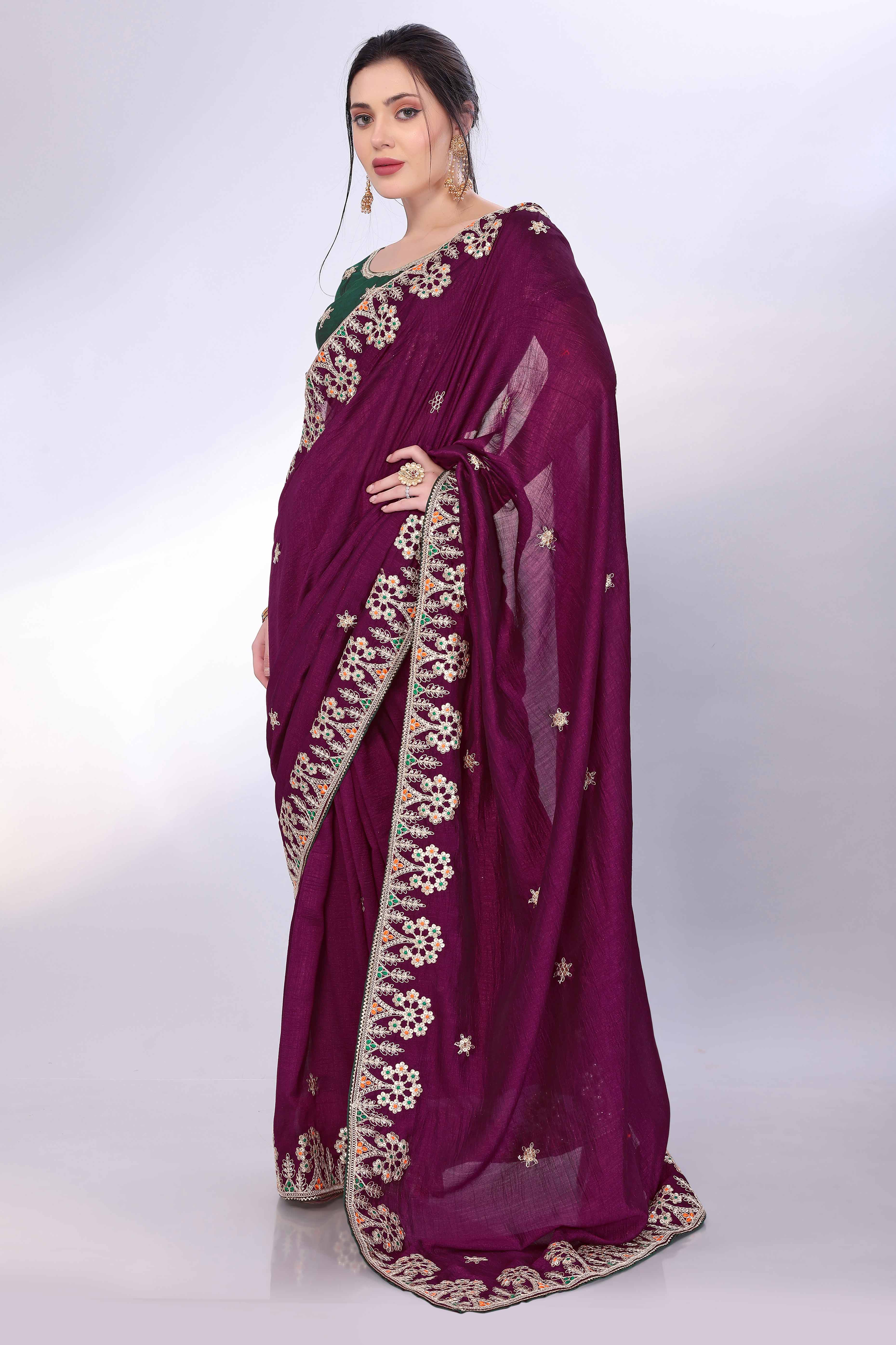 Wine Vichitra Silk Saree Embellished With Floral Cording Embroidery & Sparkling Sequins