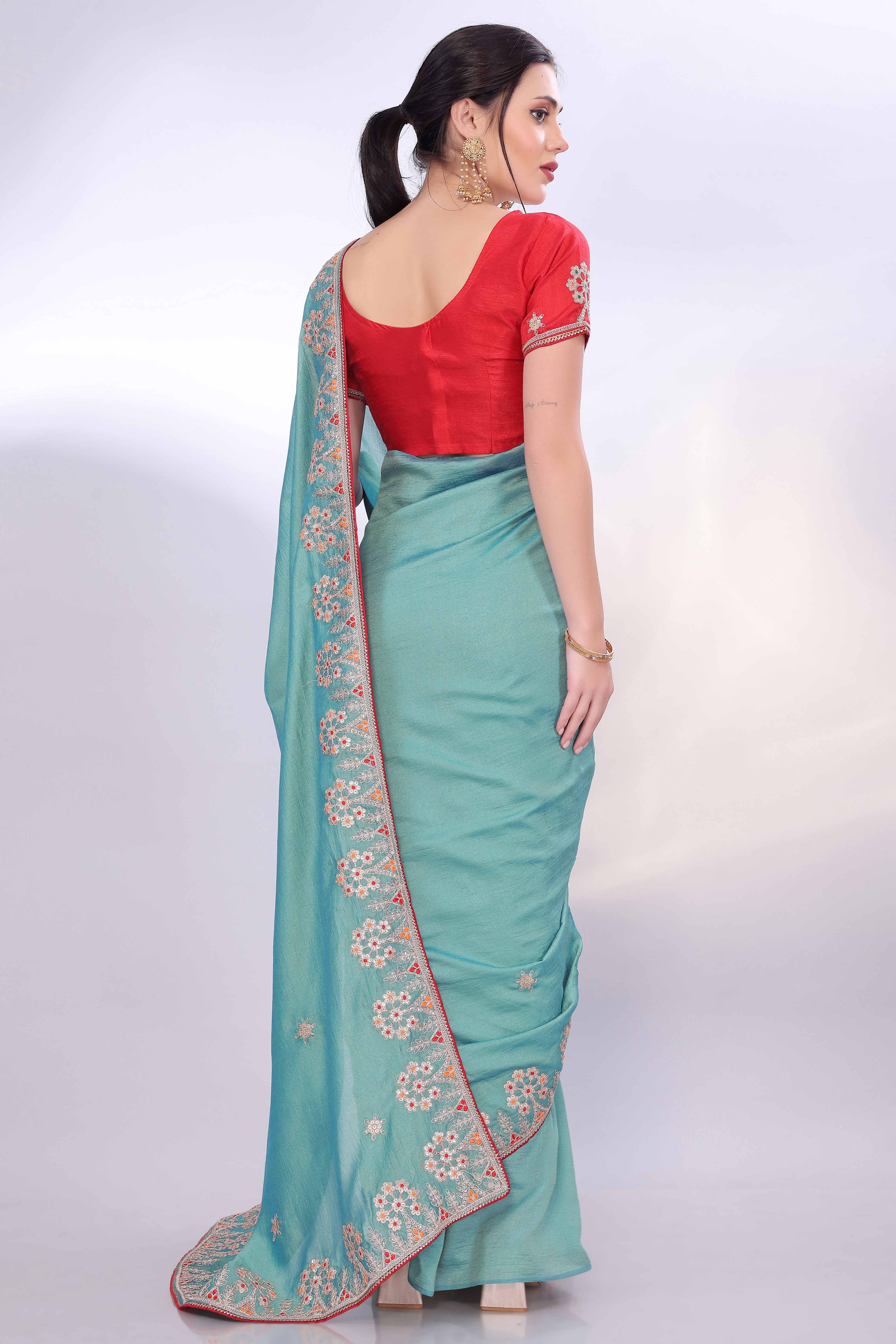 Turquoise Vichitra Silk Saree Embellished With Floral Cording Embroidery & Sparkling Sequins