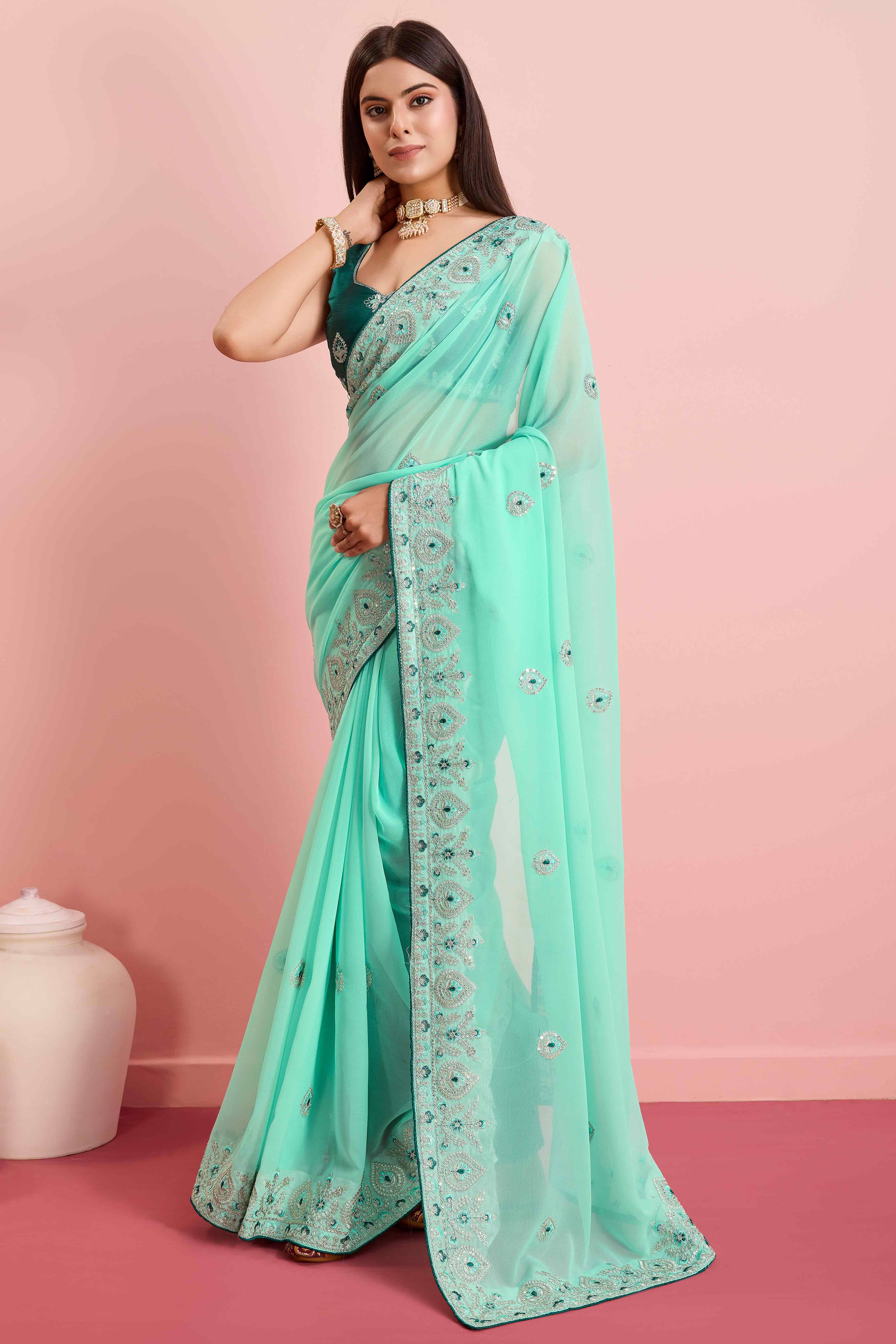 Turquoise Floral Sequins Embroidered Georgette Saree
