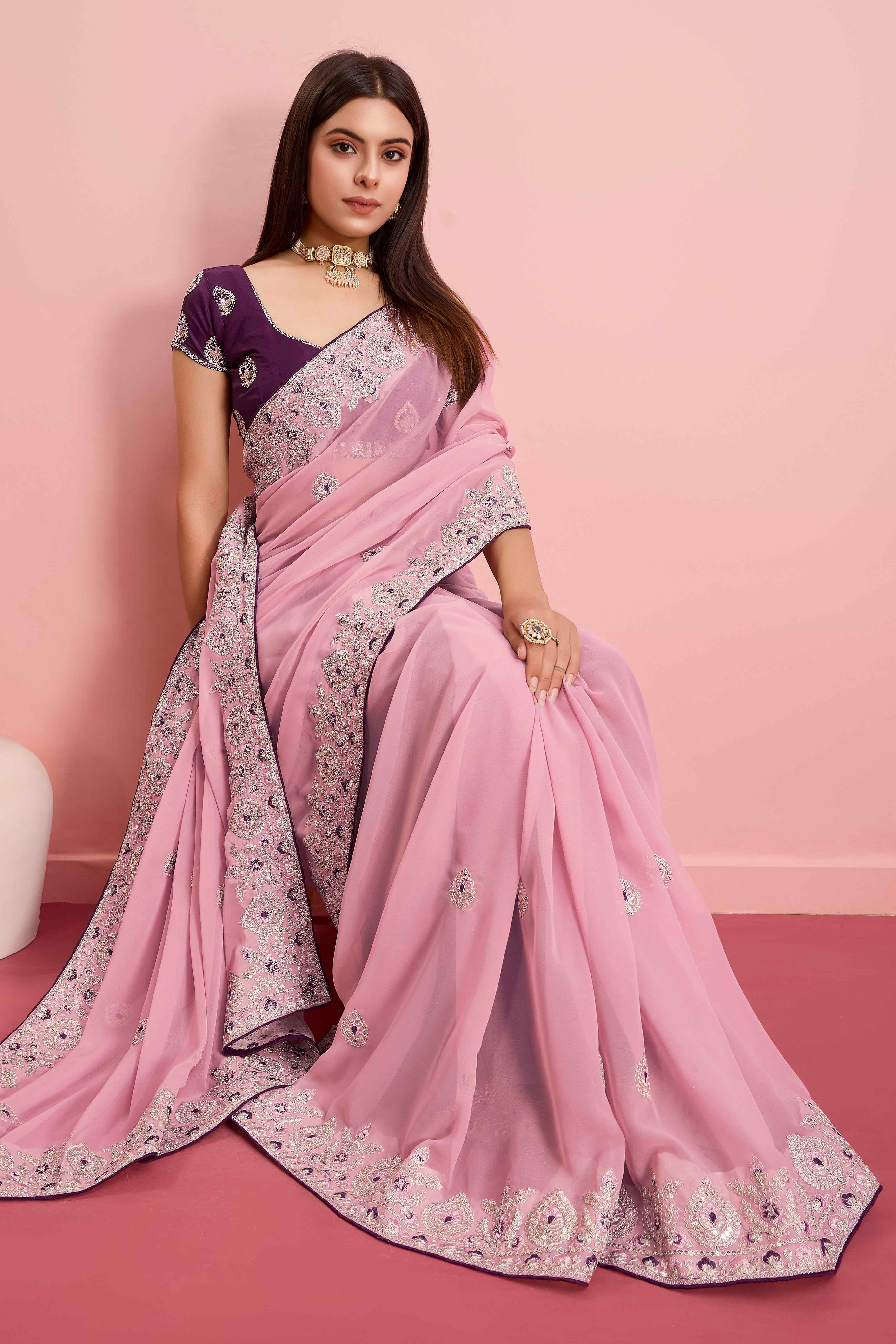 Pink Floral Sequins Embroidered Georgette Saree