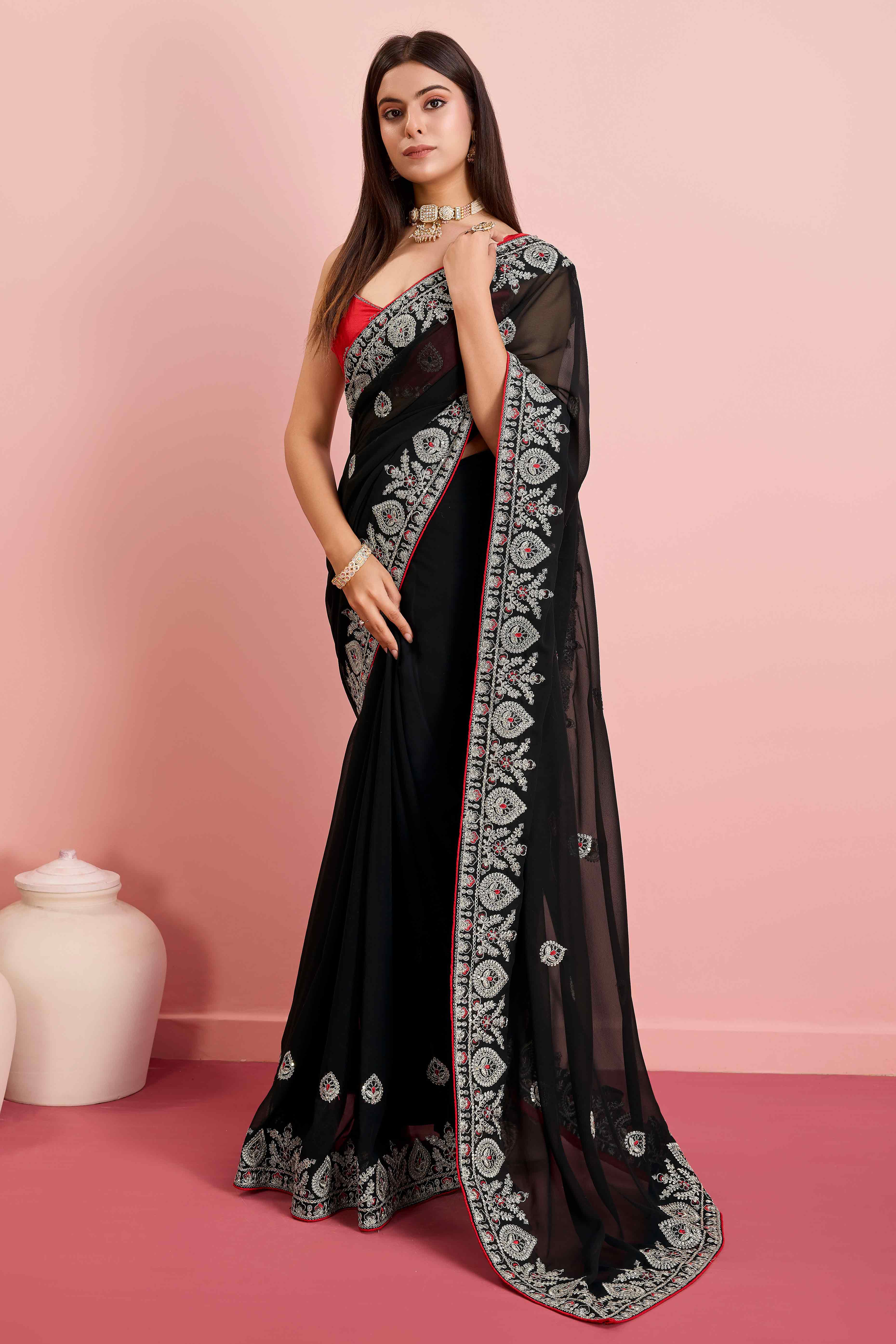 Black Floral Sequins Embroidered Georgette Saree