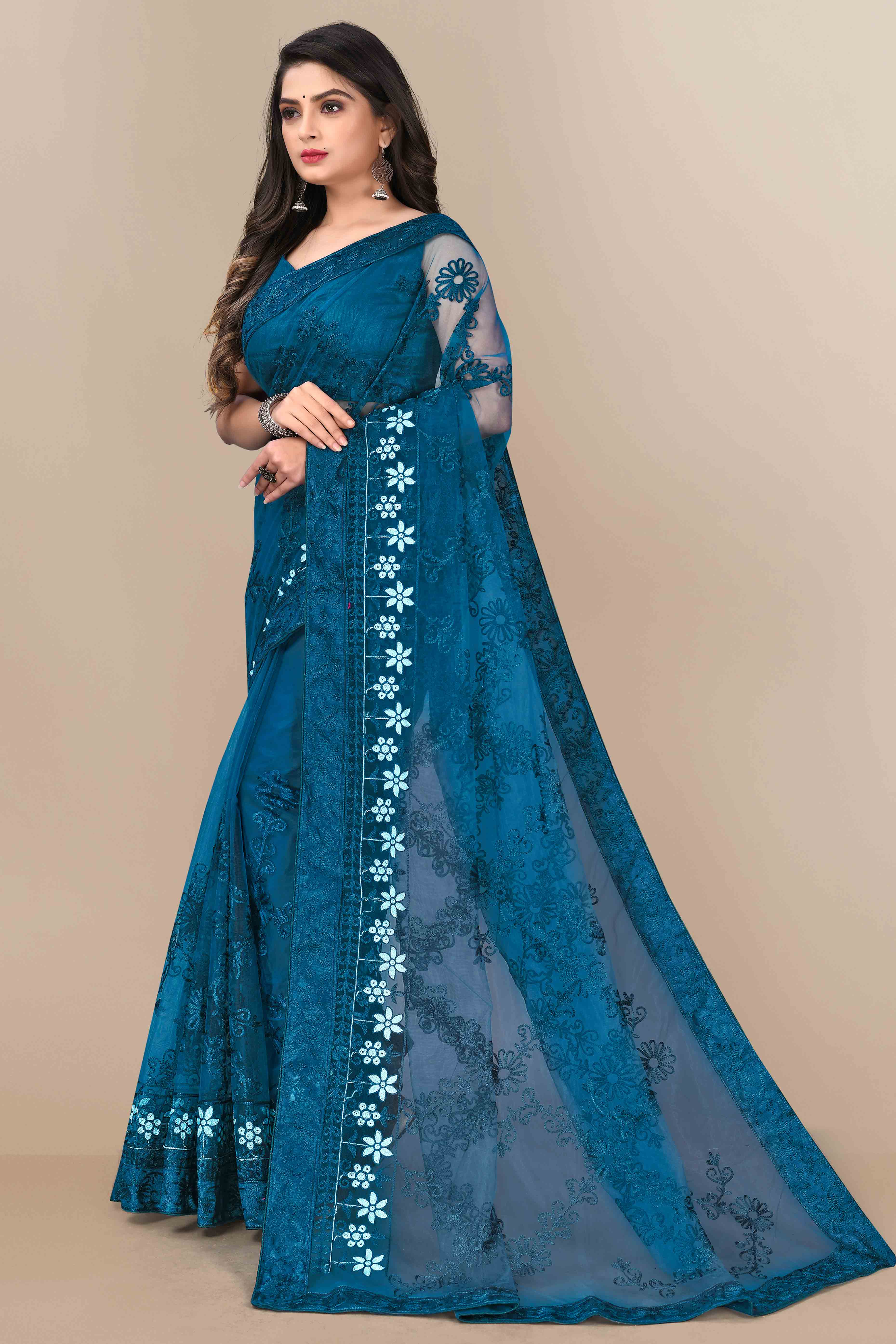 Teal Party Wear Net Saree Featuring Rich Floral Embroidery