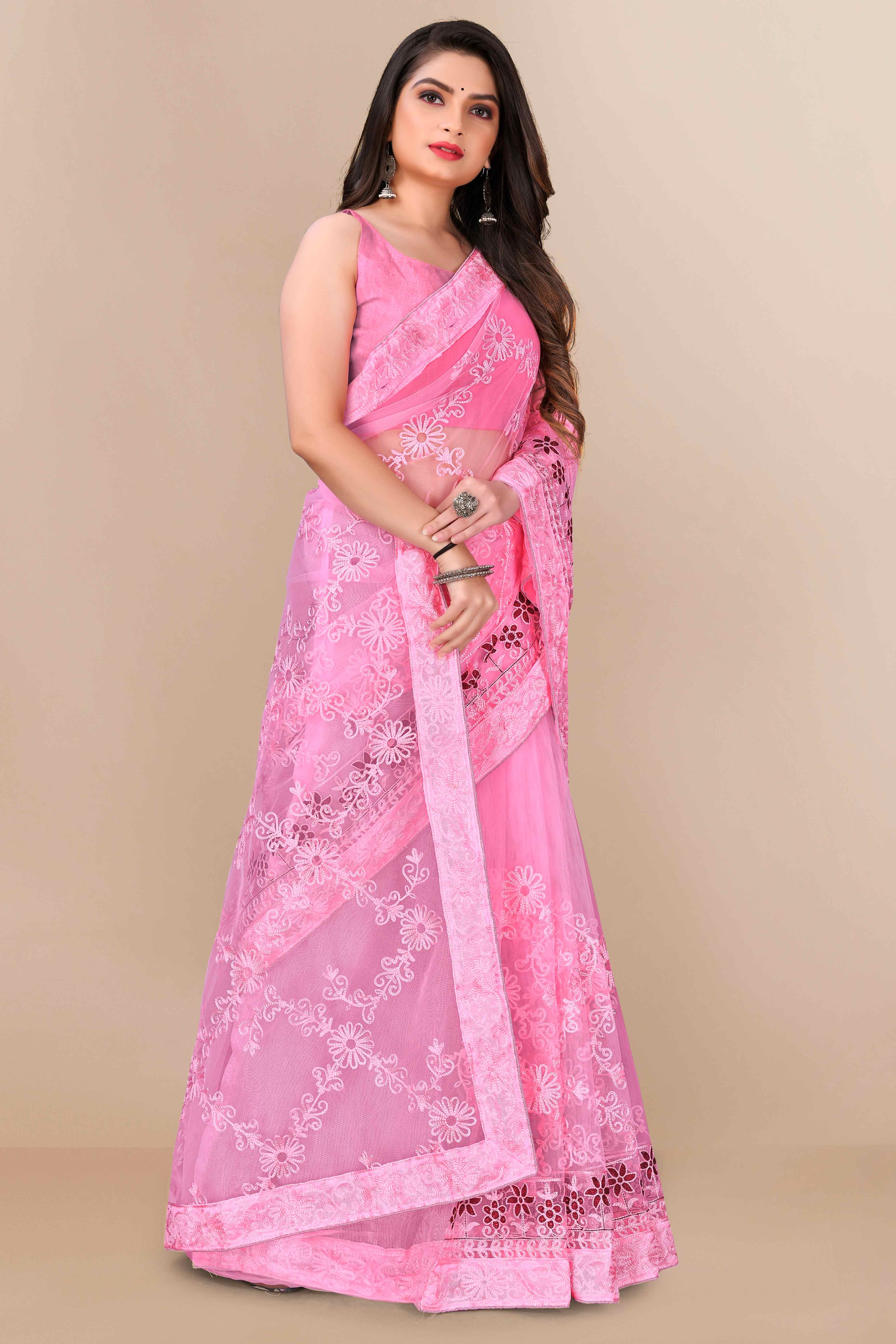 Light Pink Party Wear Net Saree Featuring Rich Floral Embroidery