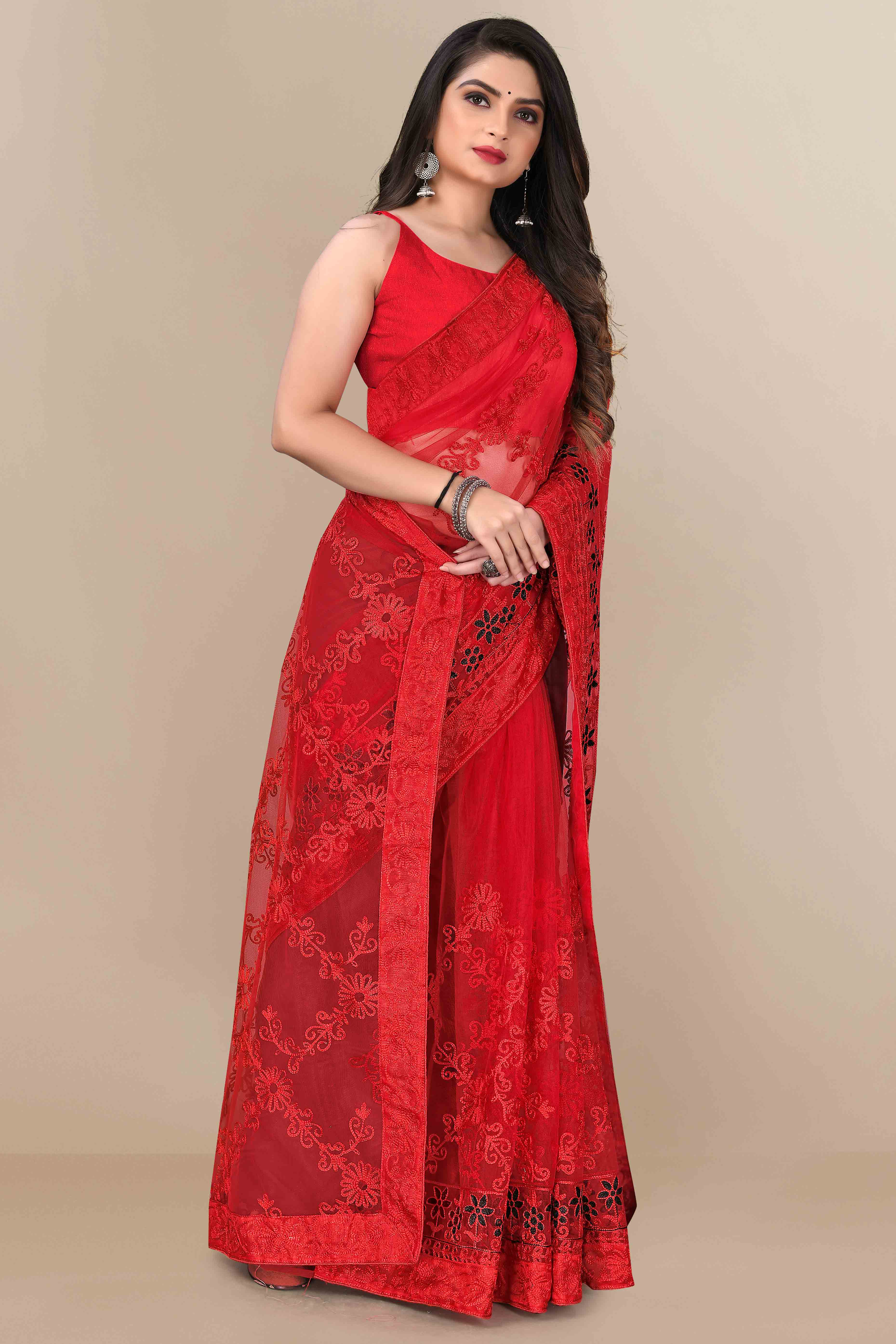 Red Party Wear Net Saree Featuring Rich Floral Embroidery
