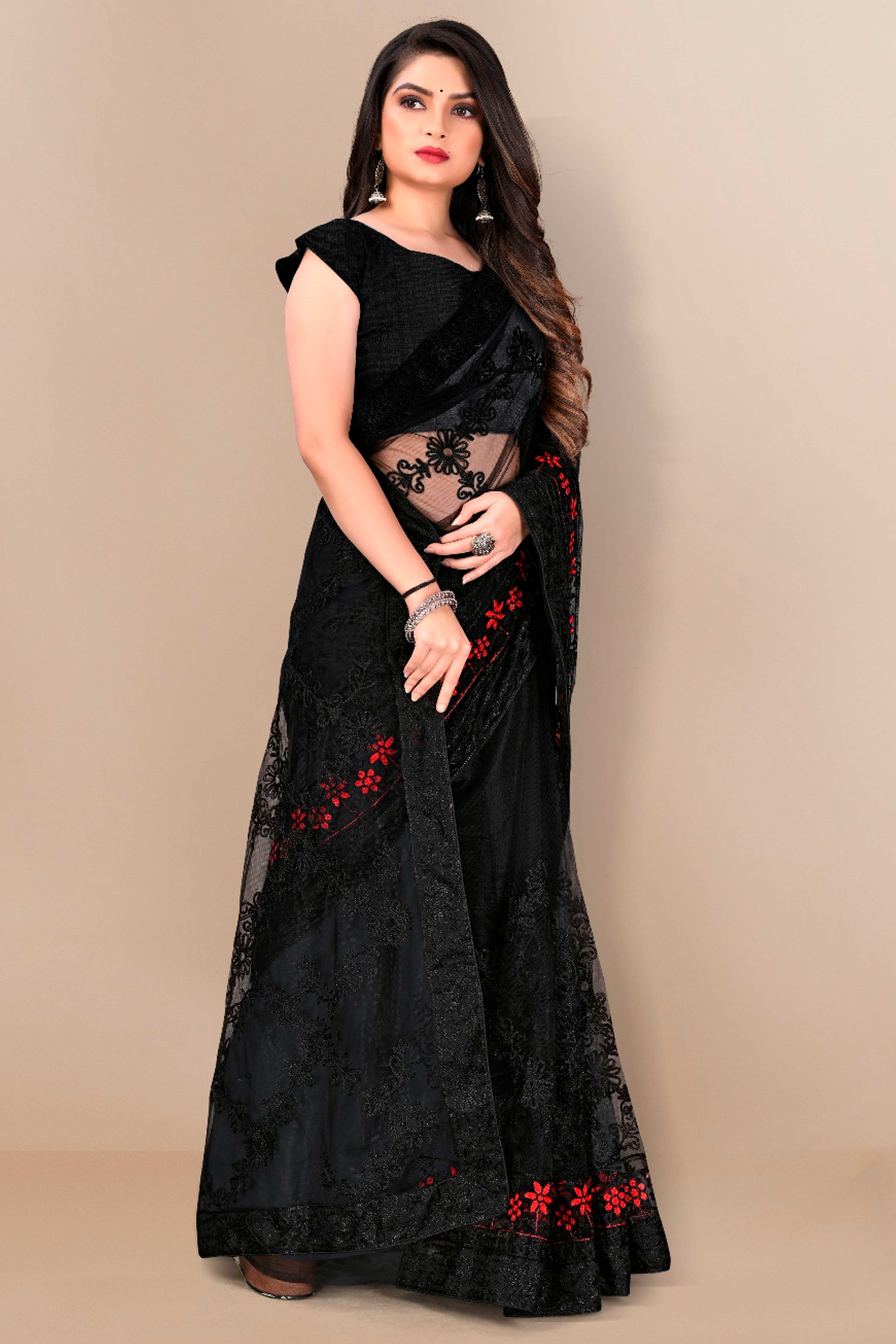 Black Party Wear Net Saree Featuring Rich Floral Embroidery