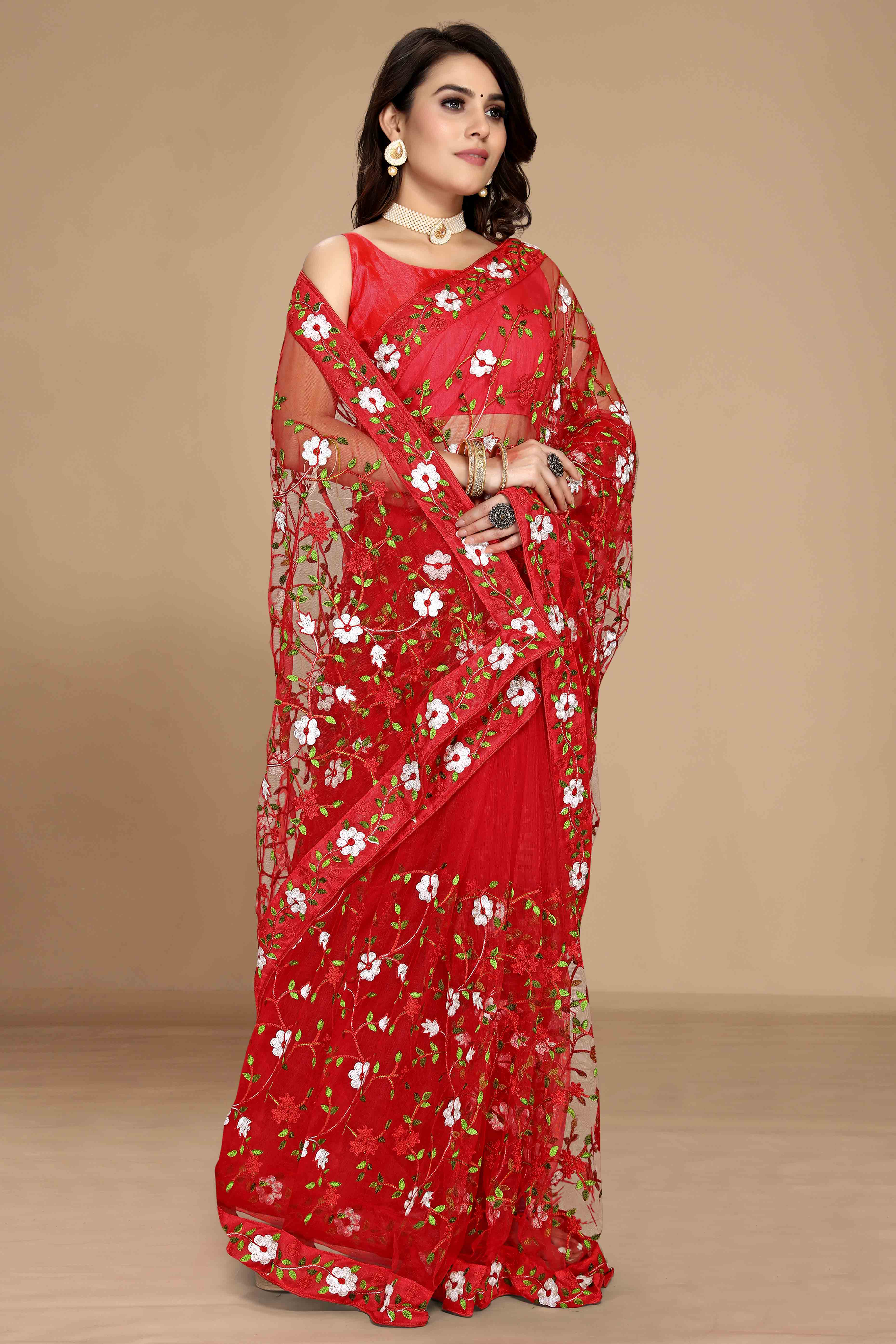 Red Net Saree with All Over Floral Heavy Embroidery