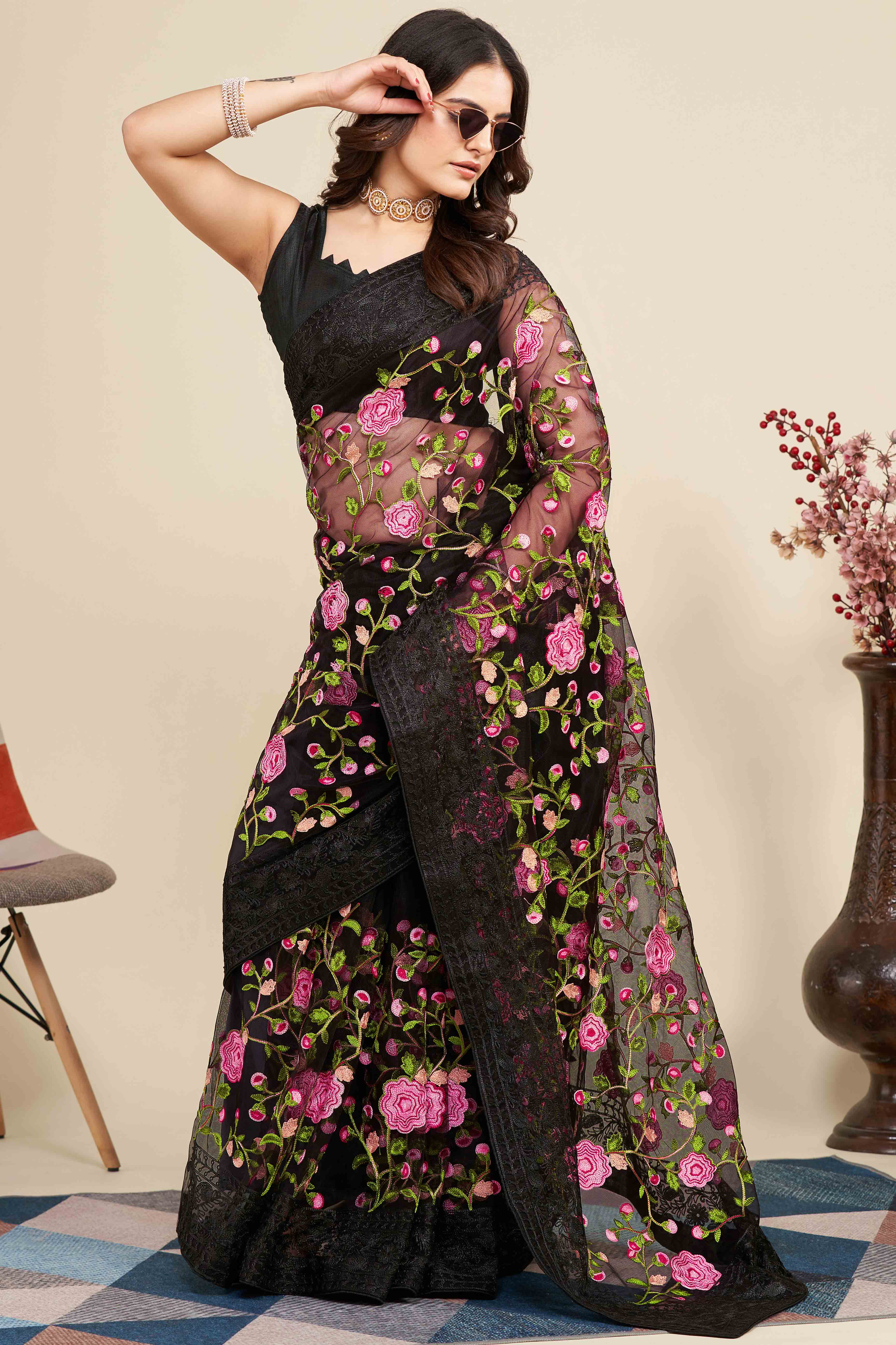 Black Floral Embroidered Party Wear Saree in Net Fabric with Lavish Detailing