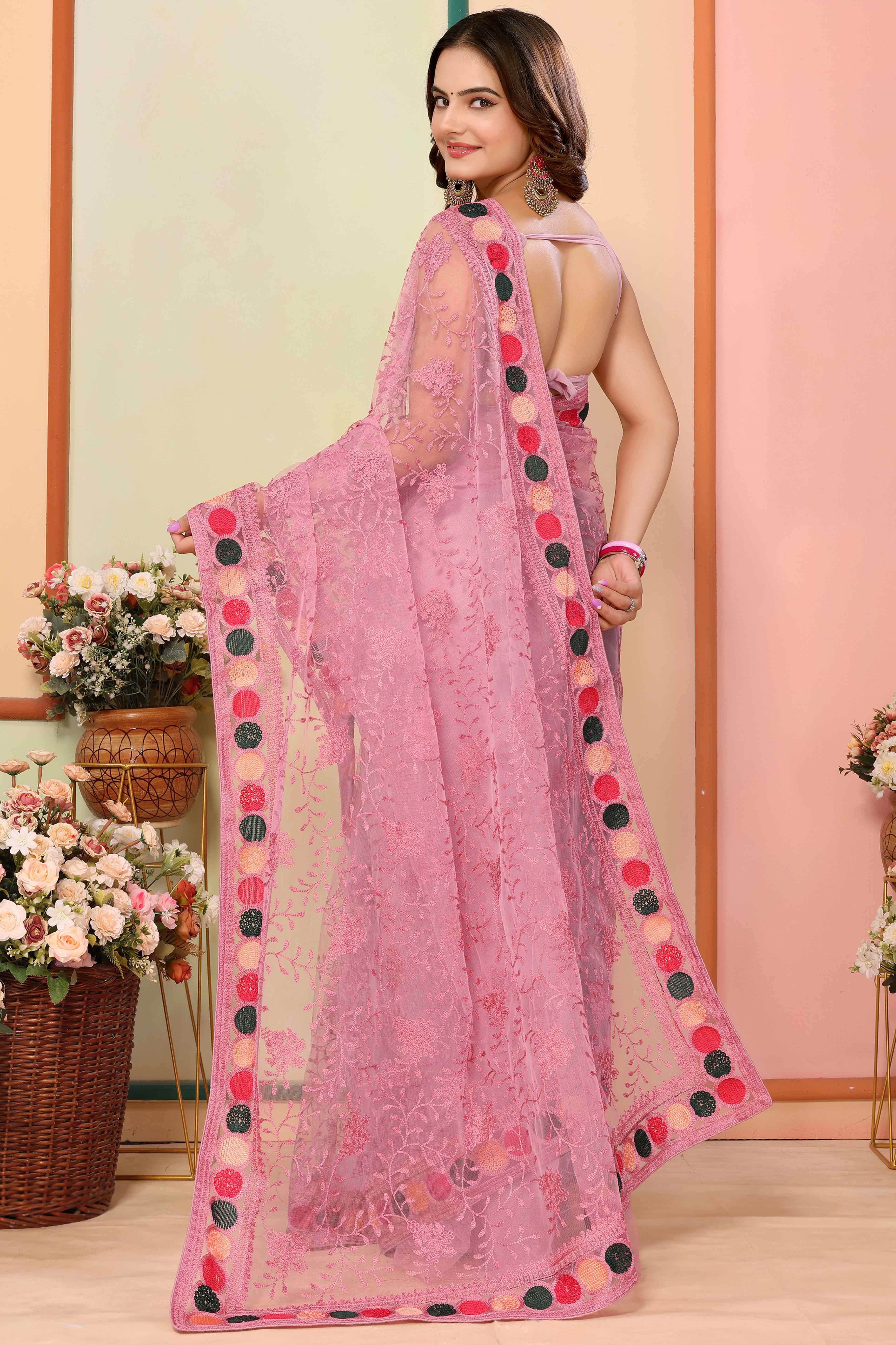 Pink Floral Embroidered Net Saree