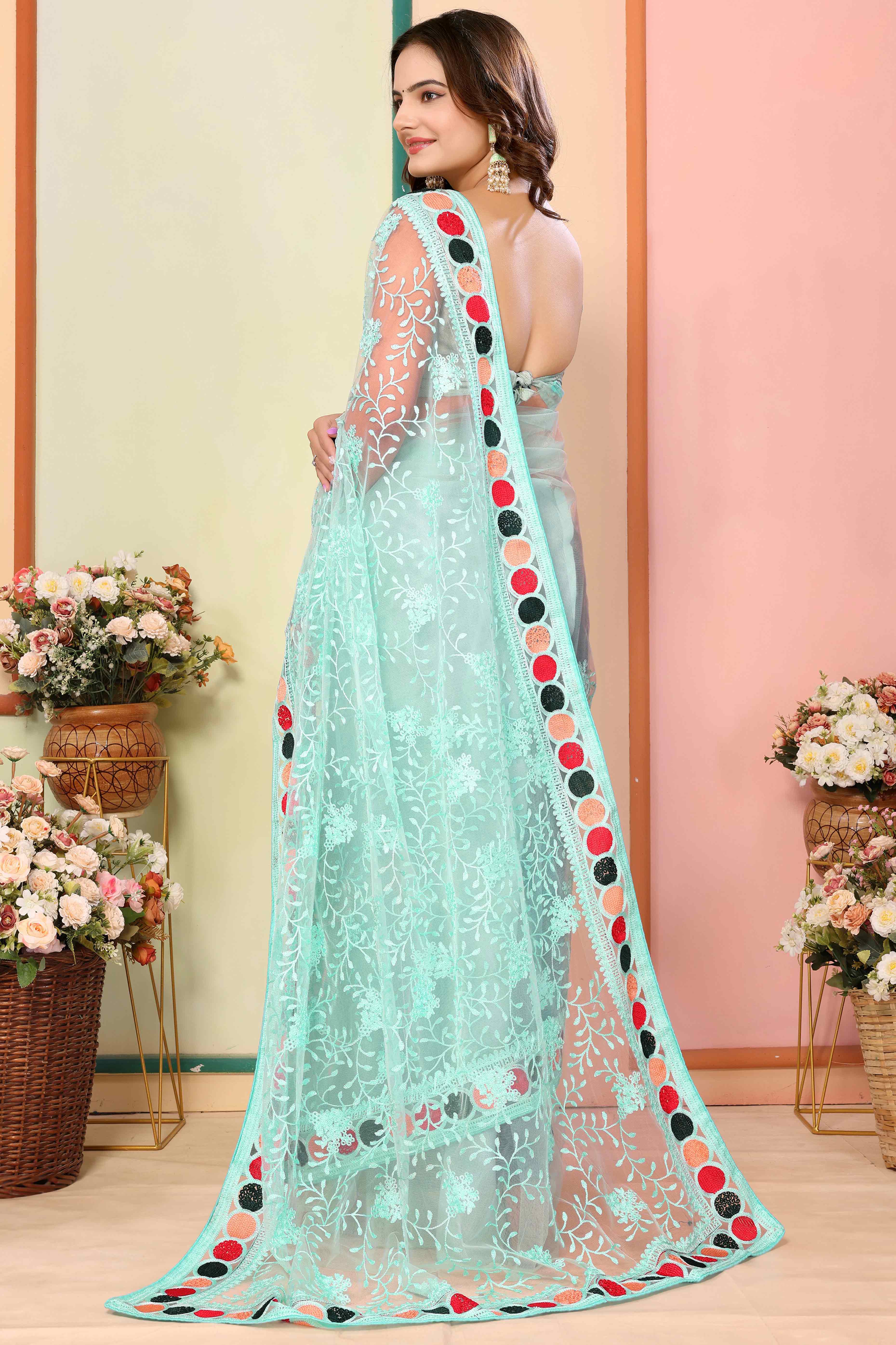 Blue Floral Embroidered Net Saree