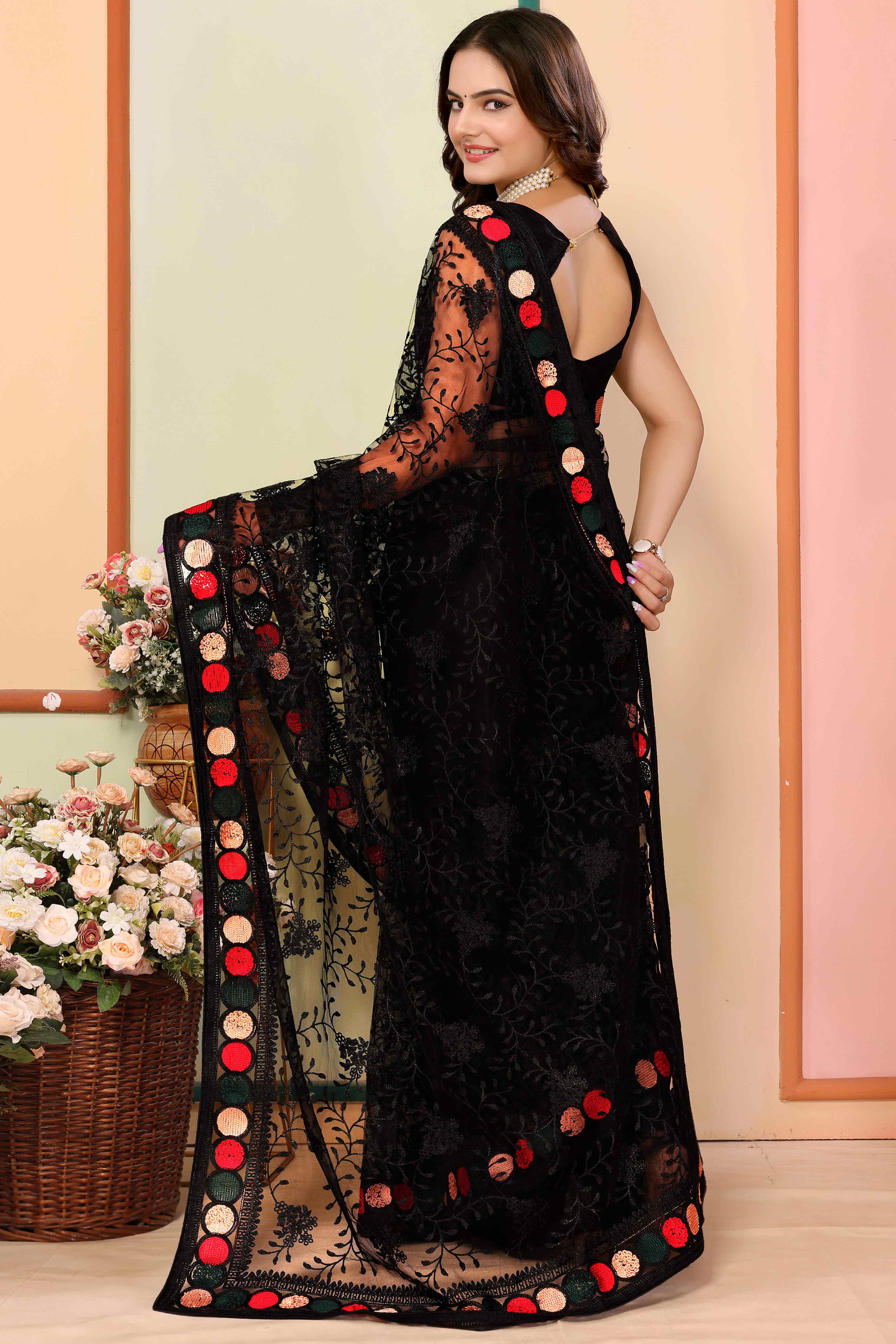 Black Floral Embroidered Net Saree