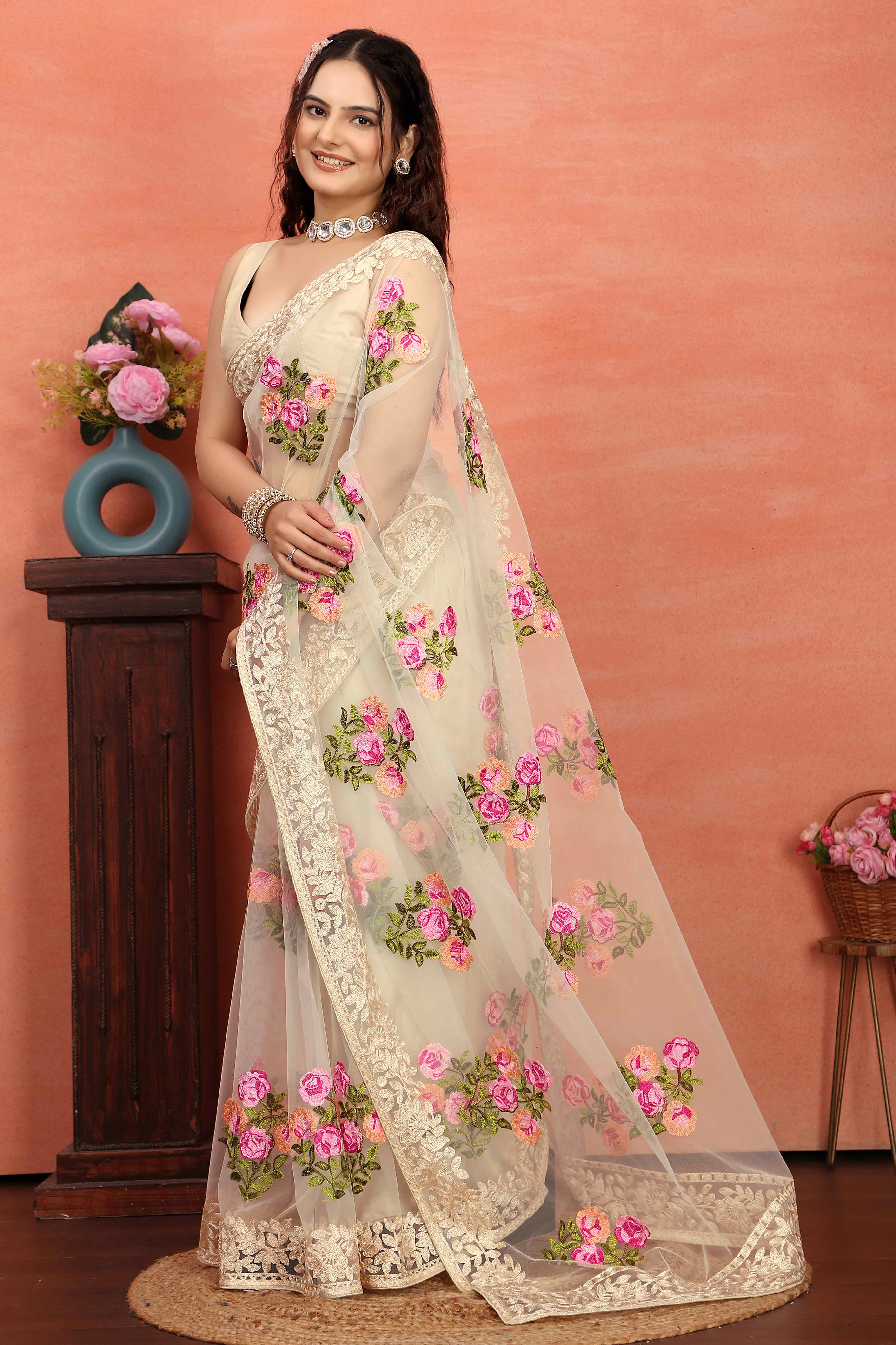 Cream Floral Embroidered Net Saree