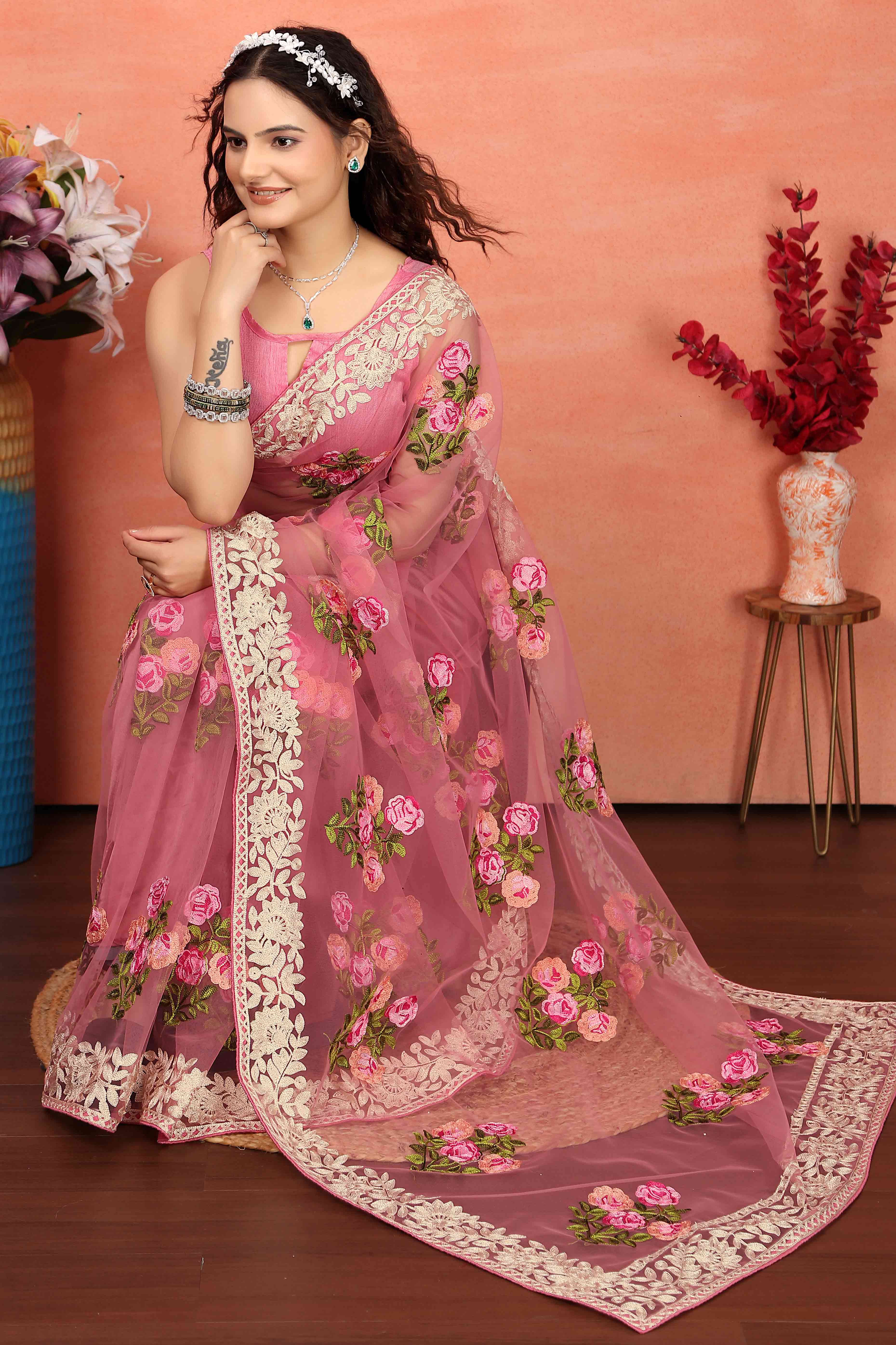 Onion Pink Floral Embroidered Net Saree