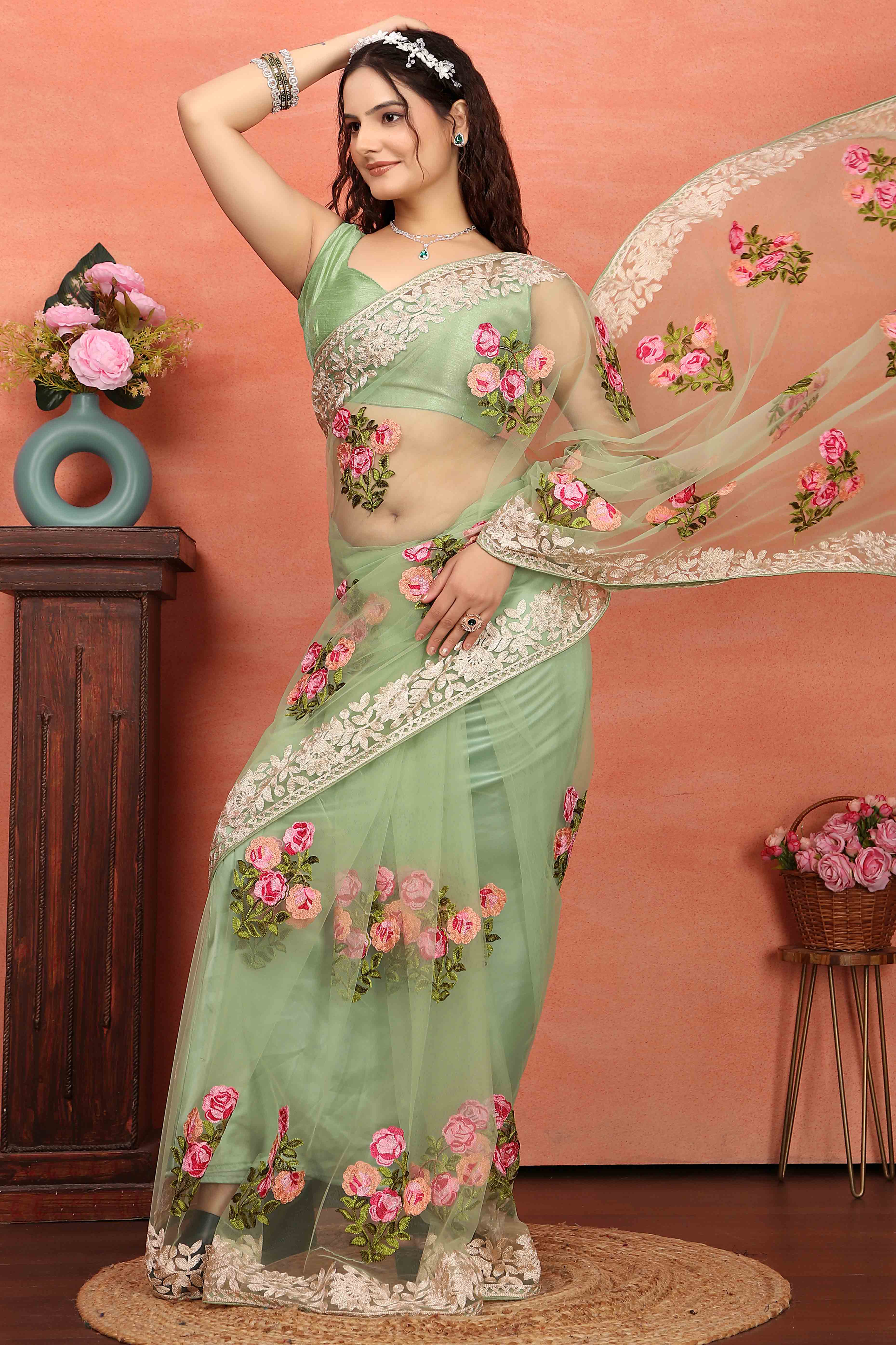 Green Floral Embroidered Net Saree