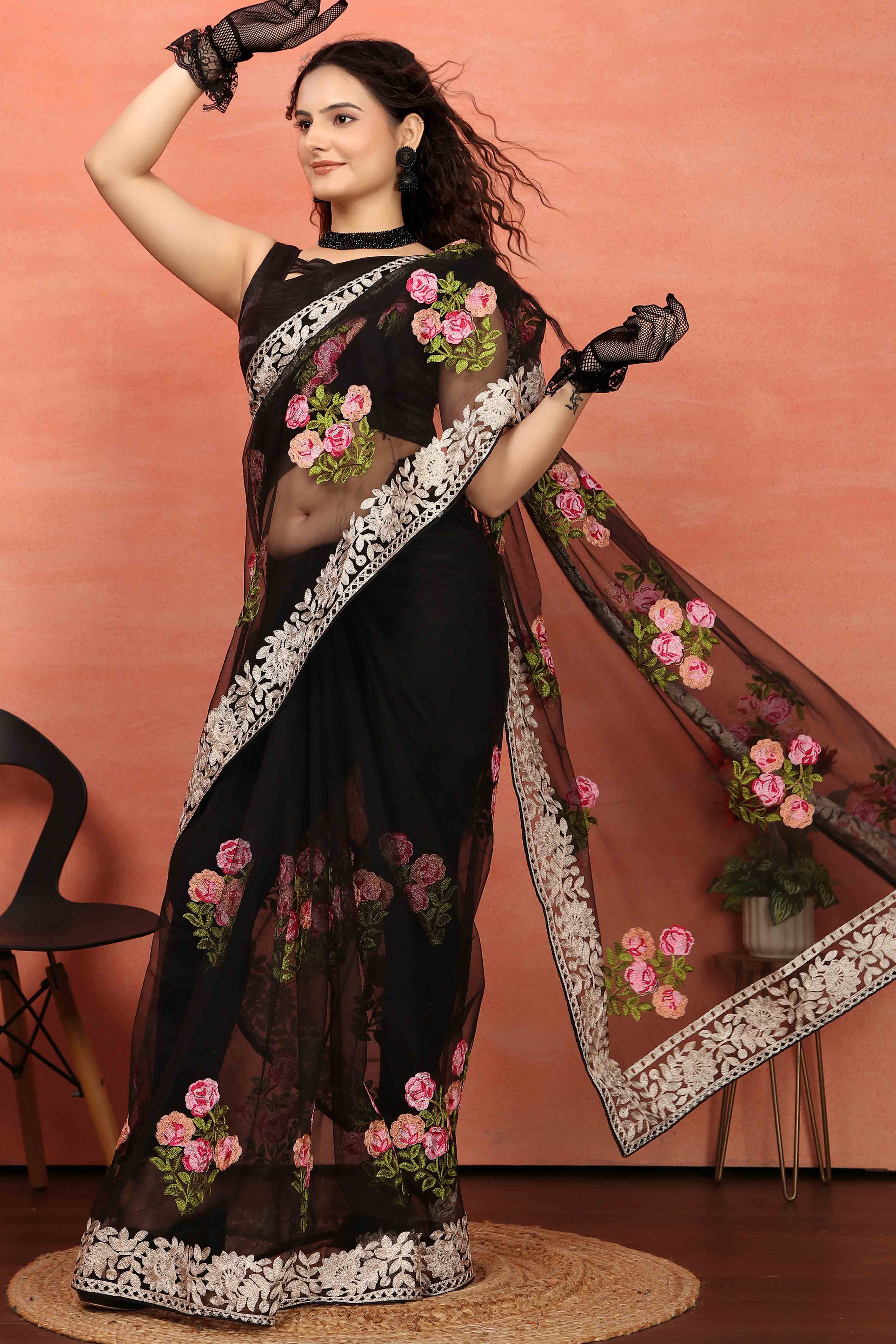 Black Floral Embroidered Net Saree