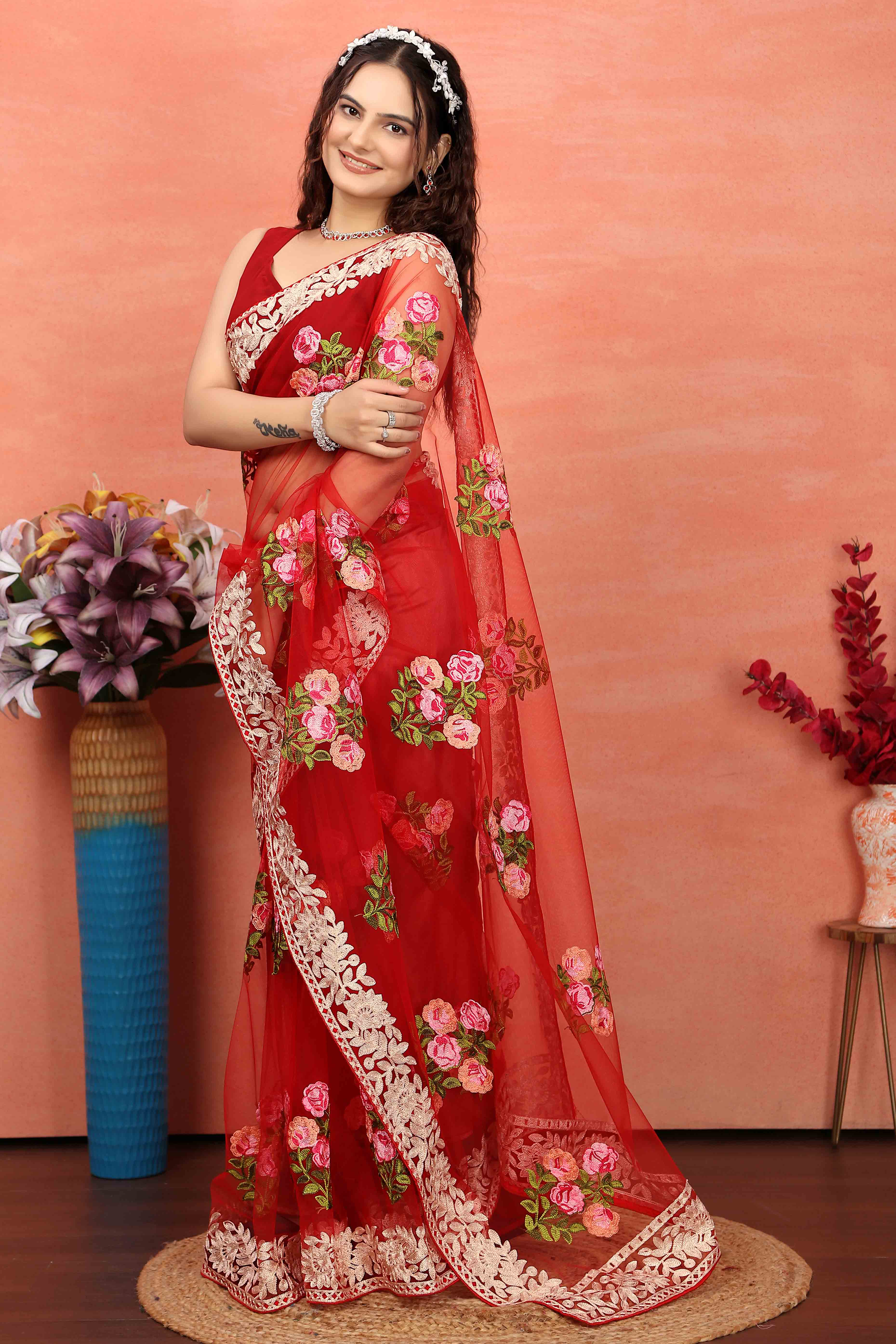 Red Floral Embroidered Net Saree