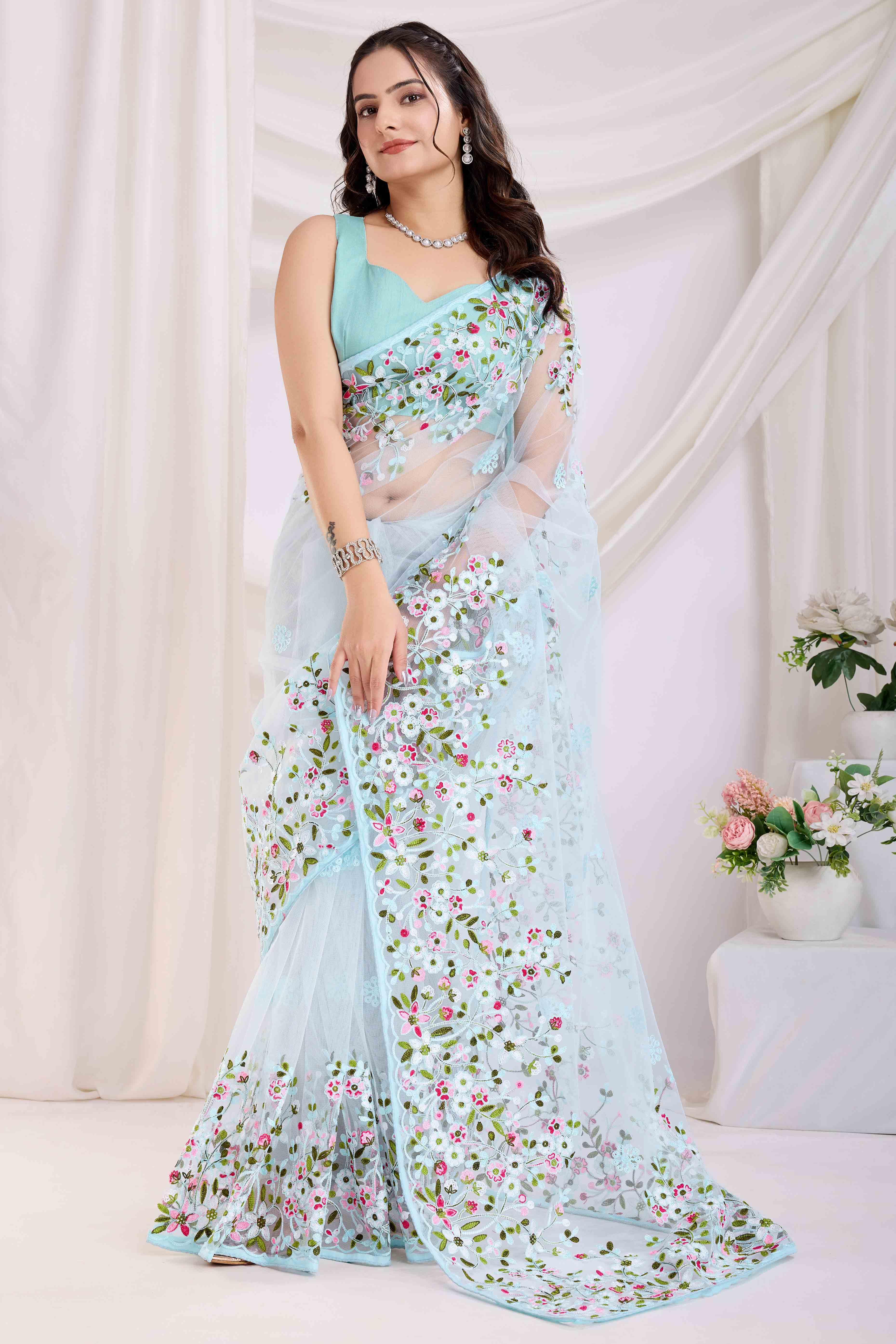 Blue Floral Embroidered Net Saree
