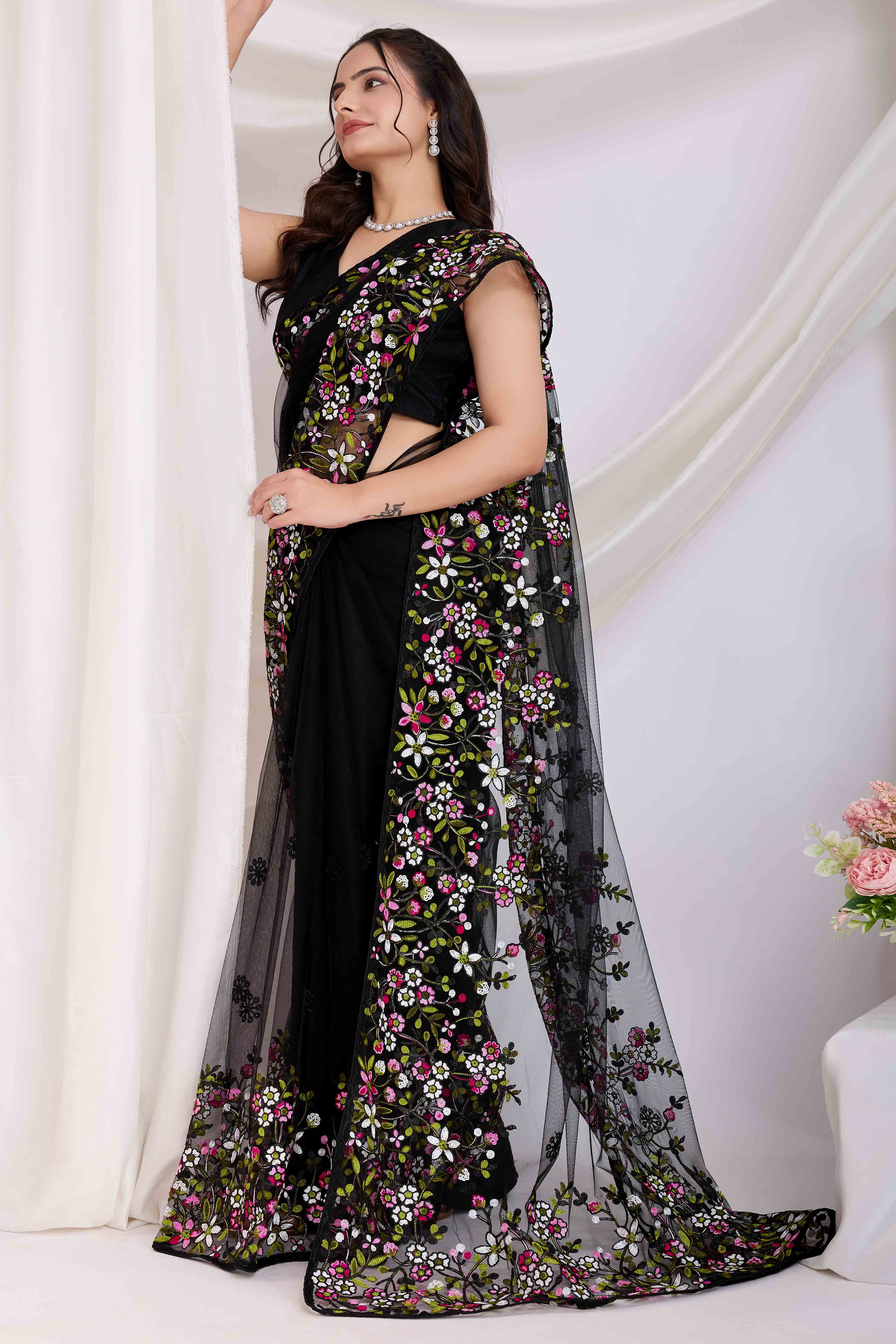 Black Floral Embroidered Net Saree