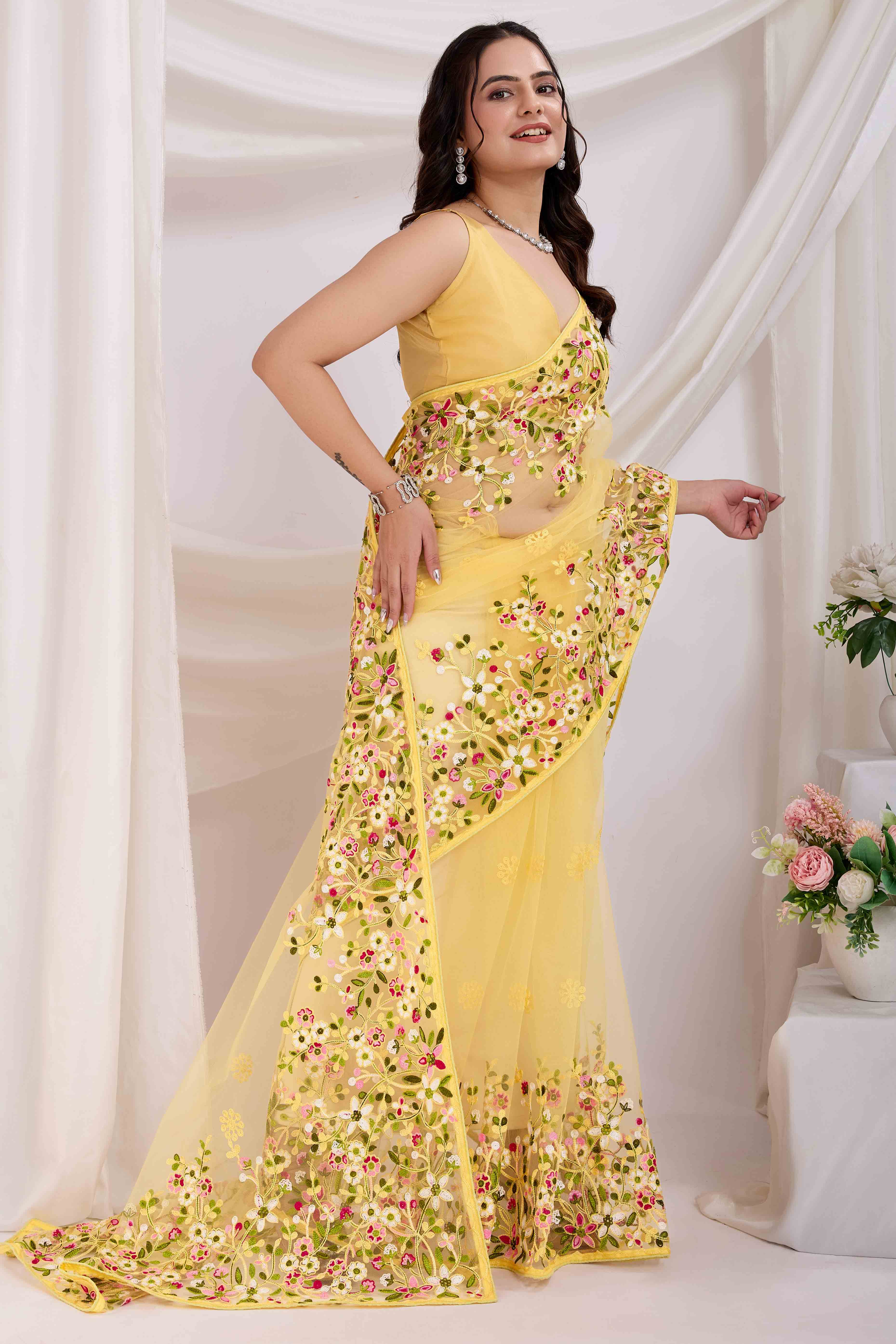 Yellow Floral Embroidered Net Saree