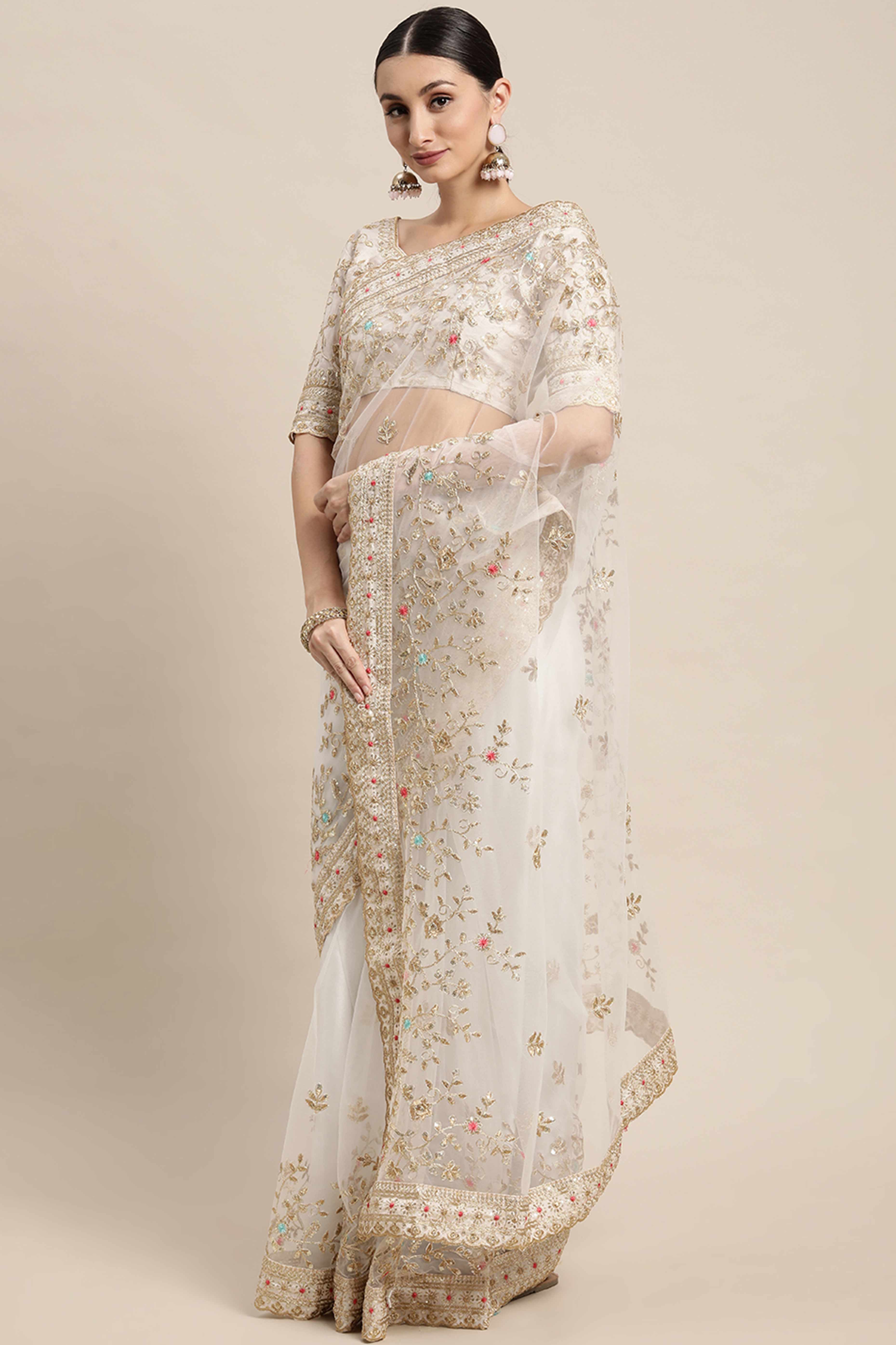 Cream Soft Net Saree With Delicate Floral Embroidery & Shimmering Sequins Work