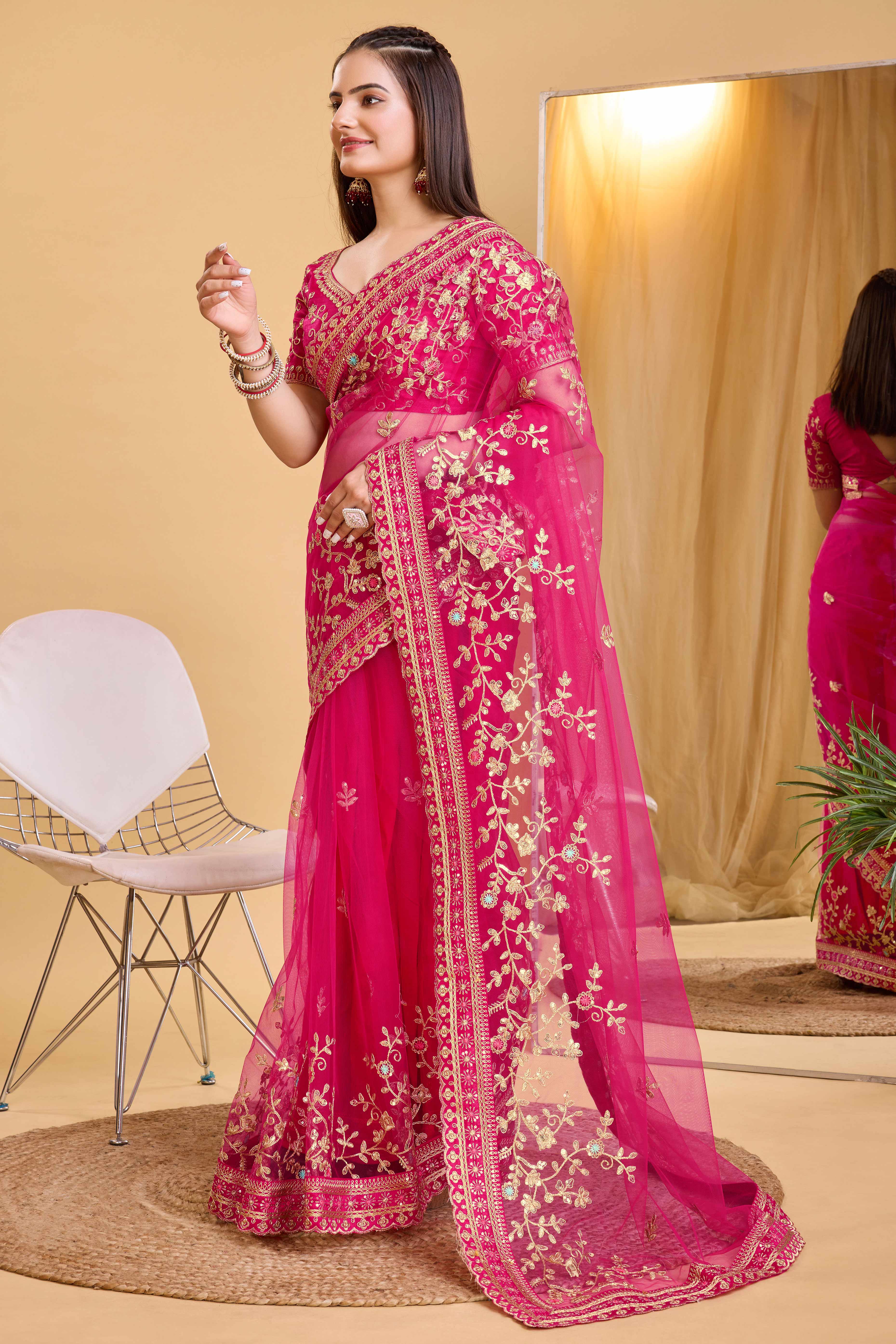 Rani Pink Soft Net Saree With Delicate Floral Embroidery & Shimmering Sequins Work