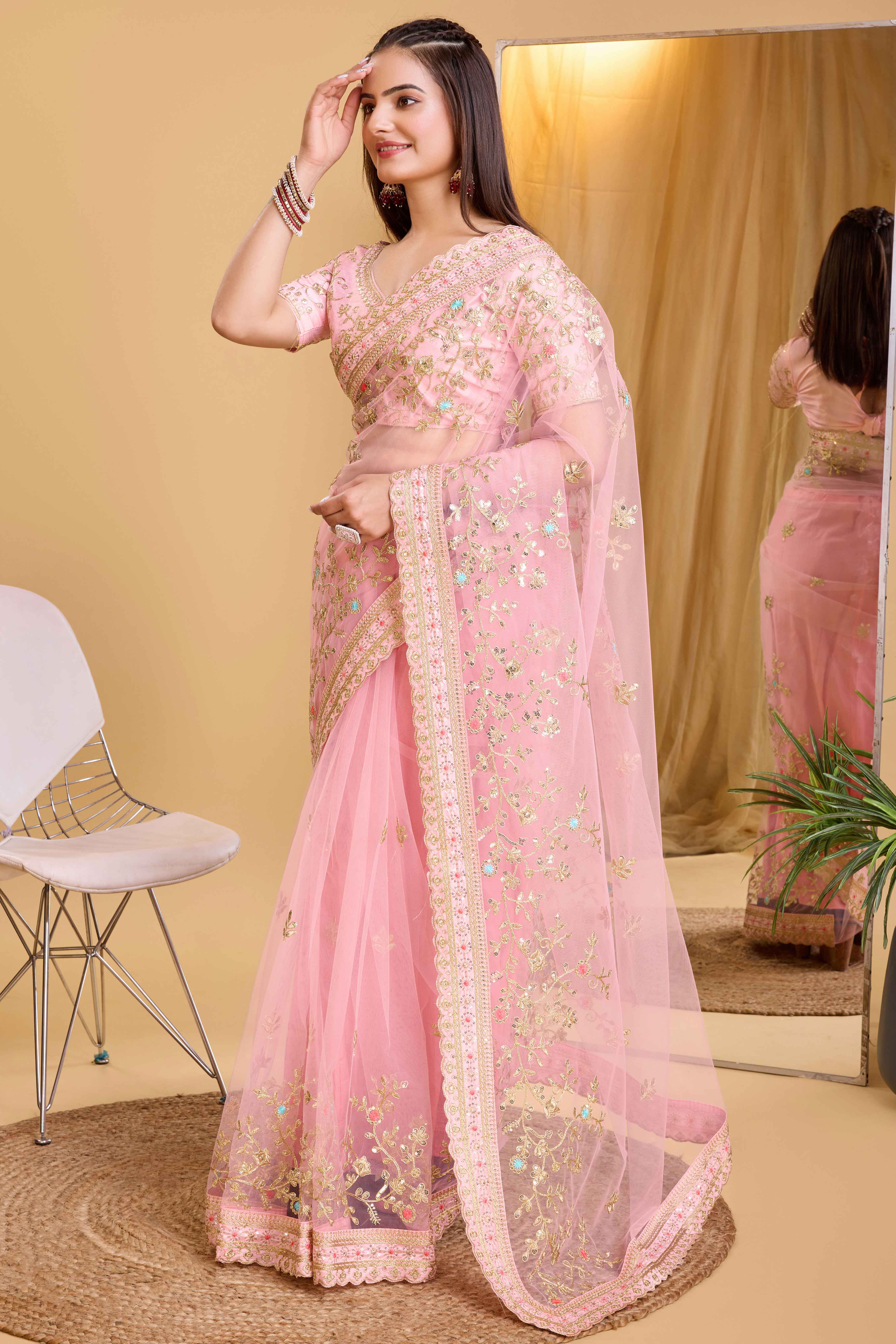Baby Pink Soft Net Saree With Delicate Floral Embroidery & Shimmering Sequins Work