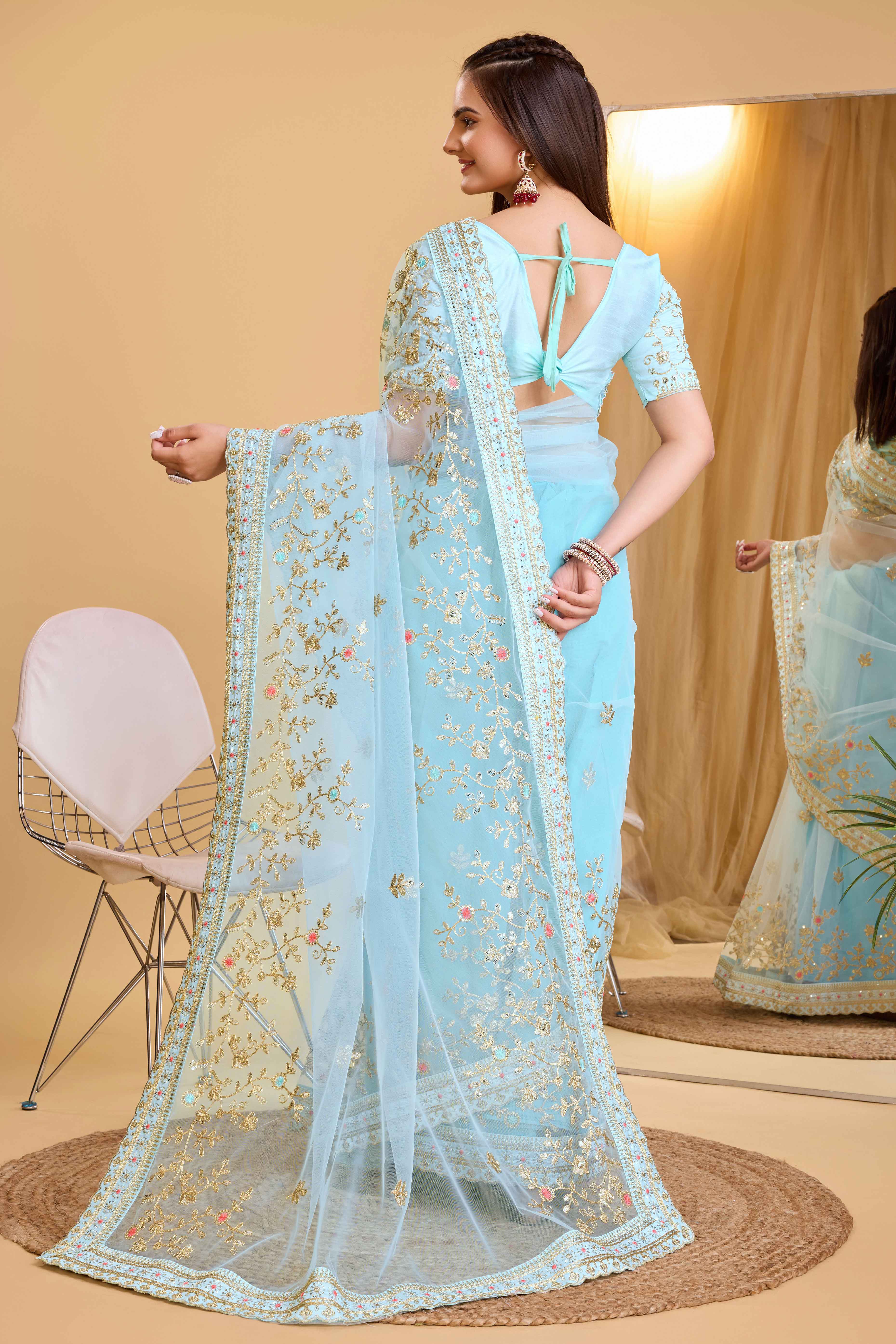 Blue Soft Net Saree With Delicate Floral Embroidery & Shimmering Sequins Work